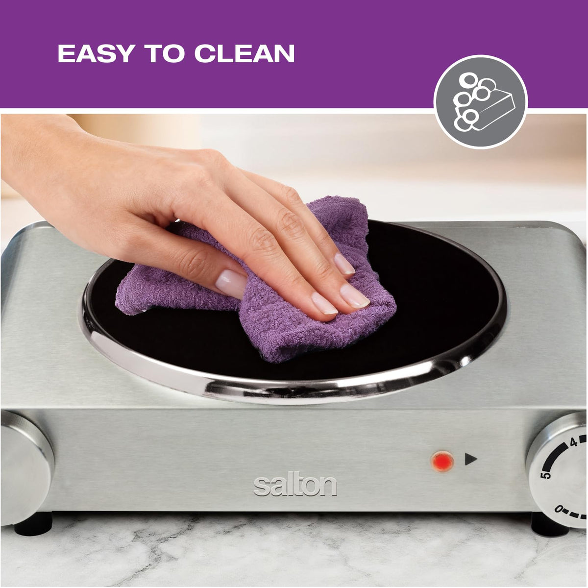 Salton Single Stainless Steel Infrared Portable Electric Cooktop with Large 7.4” Diameter Burner, Variable Tempertature Control and Indicator Light, Perfect for Entertaining, 1200 Watts (HP1502)