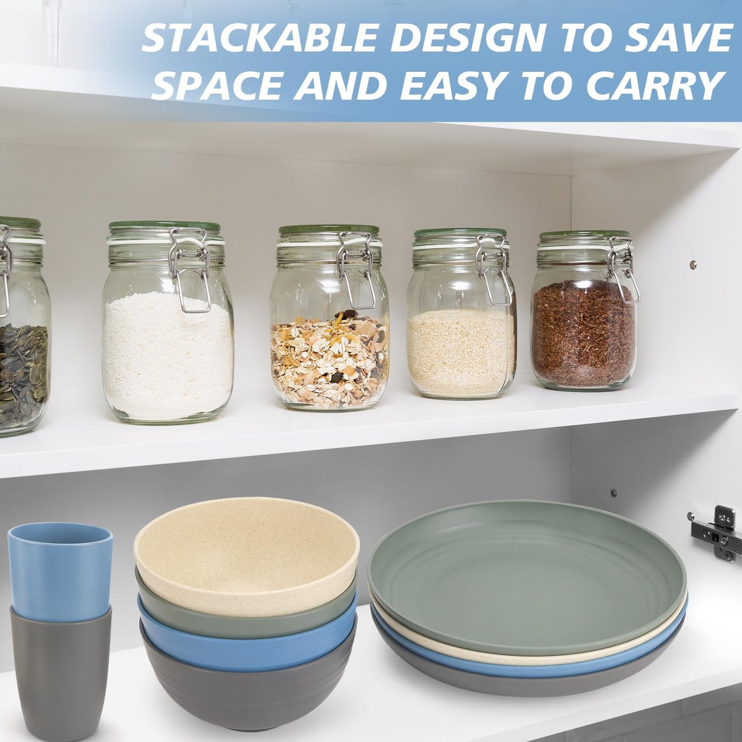20 PCS Wheat Straw Dinnerware Set for 4 - Unbreakable Plates, Bowls, Cups & Cutlery - Microwave/Dishwasher Safe for Camping & Outdoor - Coastal Color