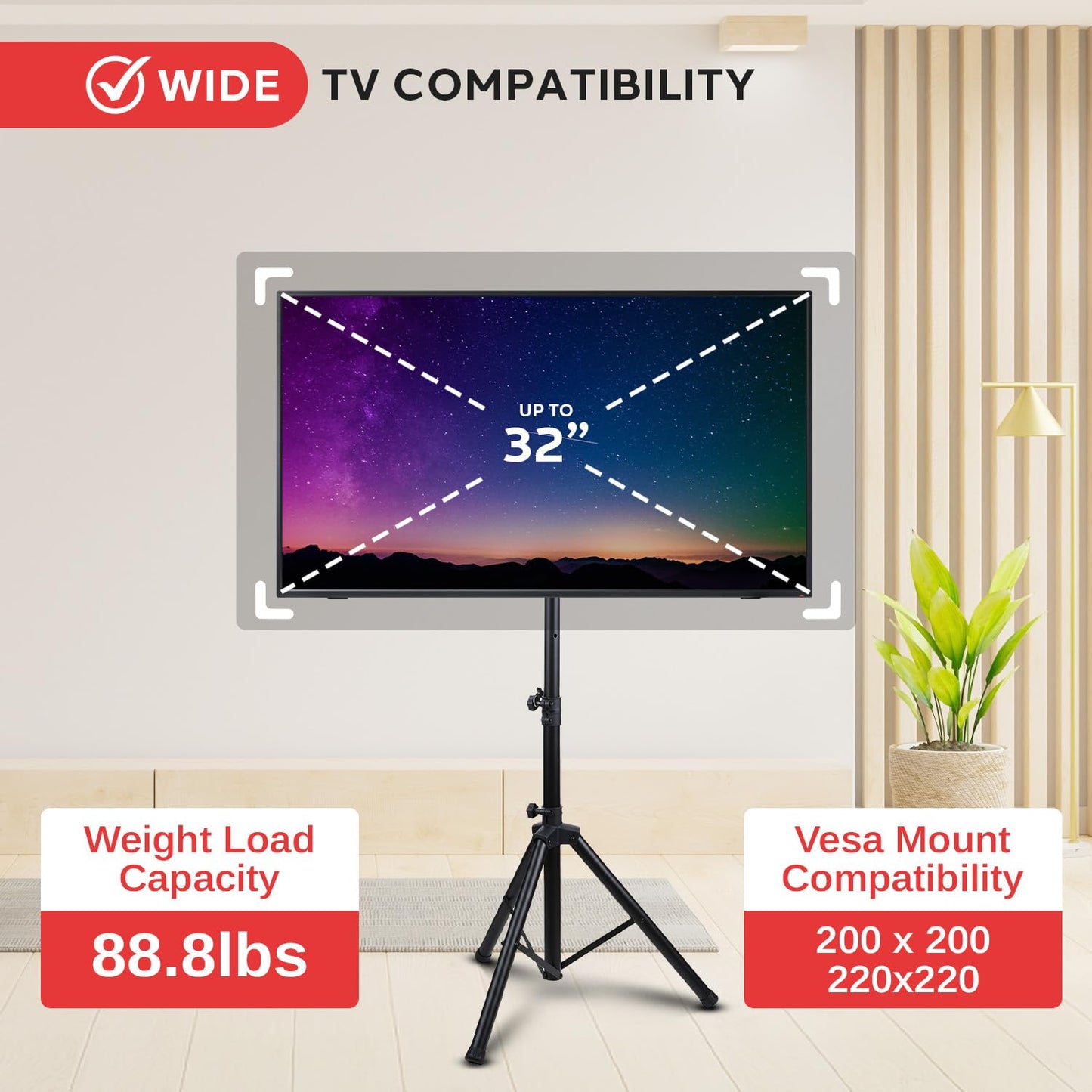 PYLE TV Stand with Mount, Tripod TV Stand, Portable Monitor Floor Stand- for LCD & LED Flat Screen TV Up to 32”, Universal VESA Mount Compatible, Adjustable Height, 360° Tilt- Weight Capacity 89 lbs.