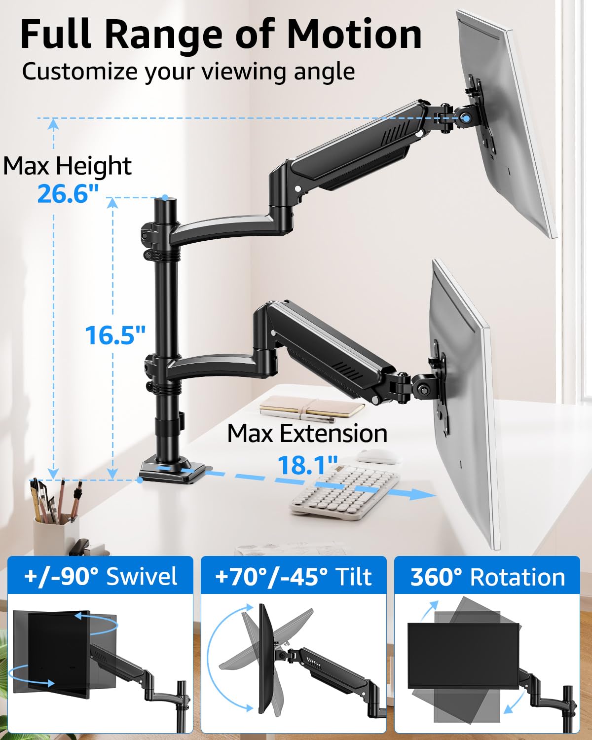 MOUNTUP Dual Monitor Stand Holds up to 22 lbs Each Arm, Dual Monitor Arm for 2 Monitors, Height Adjustable Computer Desk Mount for Max 32 inch Screens, VESA Mount with C-clamp & Grommet Base
