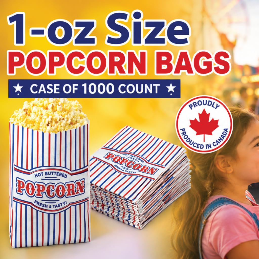 Carnival Canada Popcorn Bags Small Size 1oz Case of 1000 – Greaseproof Paper Popcorn Bags for Parties, Movie Nights, Schools, Fundraisers & Concession Stands – Made in Canada