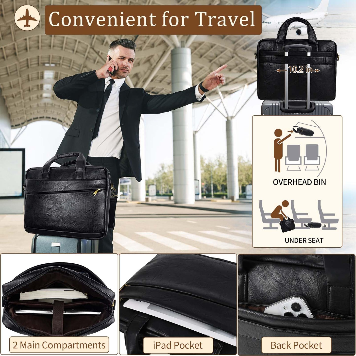 Faux Leather Messenger Bag for Men 17-17.3 Inch: Laptop Bag Briefcase Computer Handbags Shoulder Crossbody Bag with Padded Laptop Sleeve for Work College, PU Black