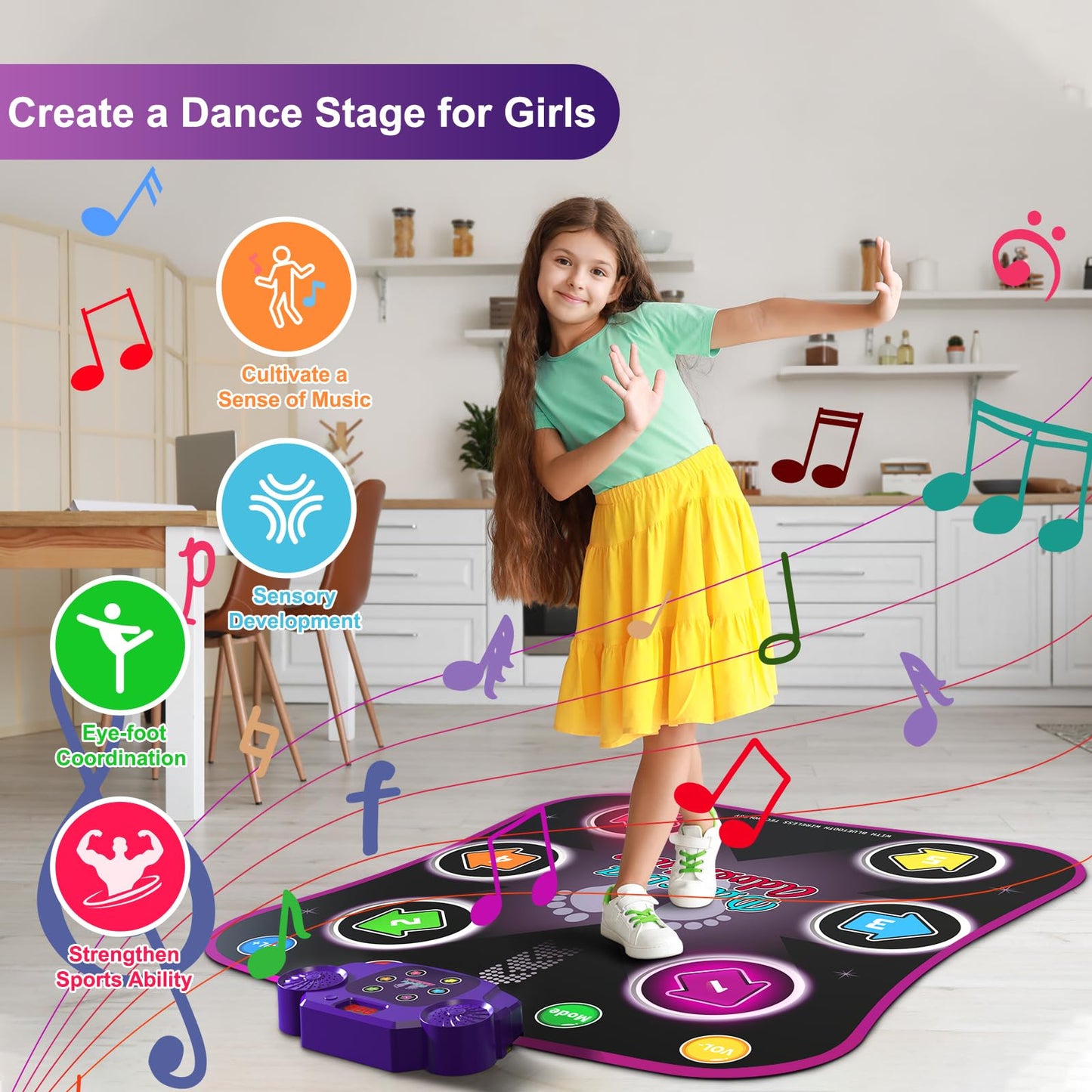 Flooyes Dance Mat Toys for 3-12 Year Old Kids, Electronic Dances Pad with Light-up 6-Button Wireless Bluetooth, Music Dance with 5 Game Modes, Birthday Toys Gifts for 3 4 5 6 7 8 9 10+ Year Old Girls