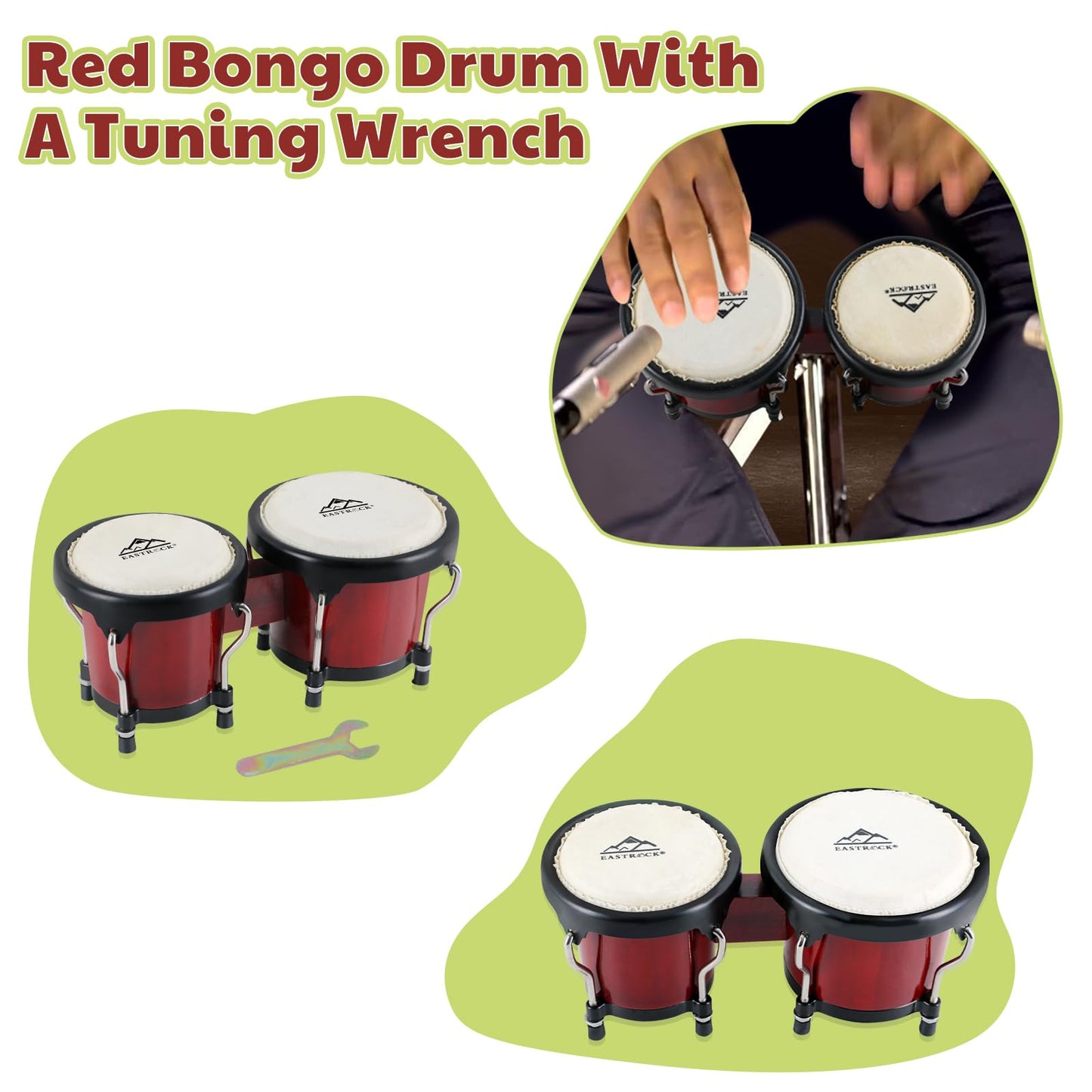 EASTROCK Bongo Drum 4” and 5” Bongos Set for Adults Beginners Professionals Tunable Wood and Metal Drum Percussion Instruments With Tuning Wrench (Red)