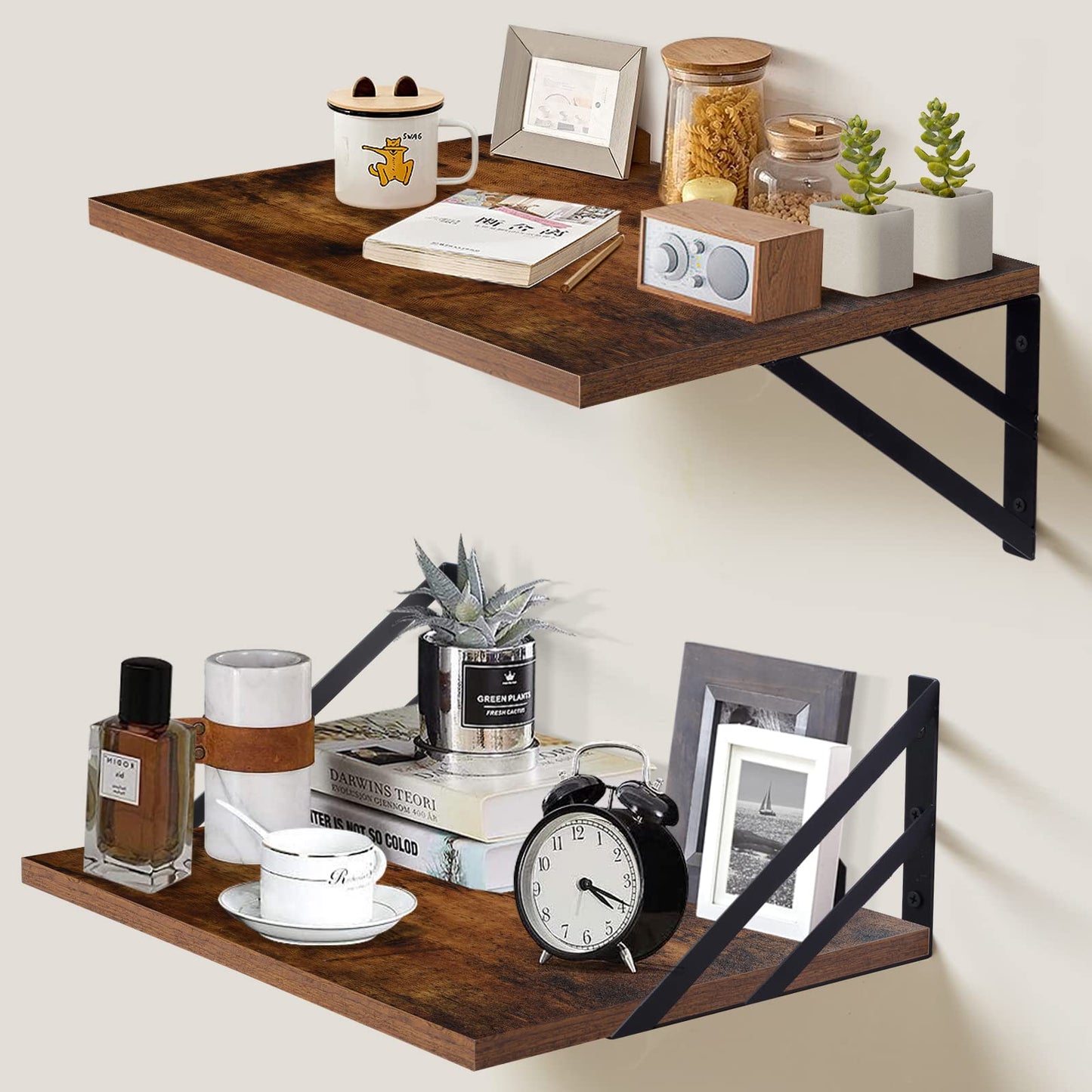 Tectocker-DOU 2 Pc Deep Floating Shelves ; 12 Inch Deep Wall Mounted Hanging Shelves for Living Room, Kitchen, Office, Bathroom and Bedroom Decor; Storage and Display Shelf Set (Rustic Brown)