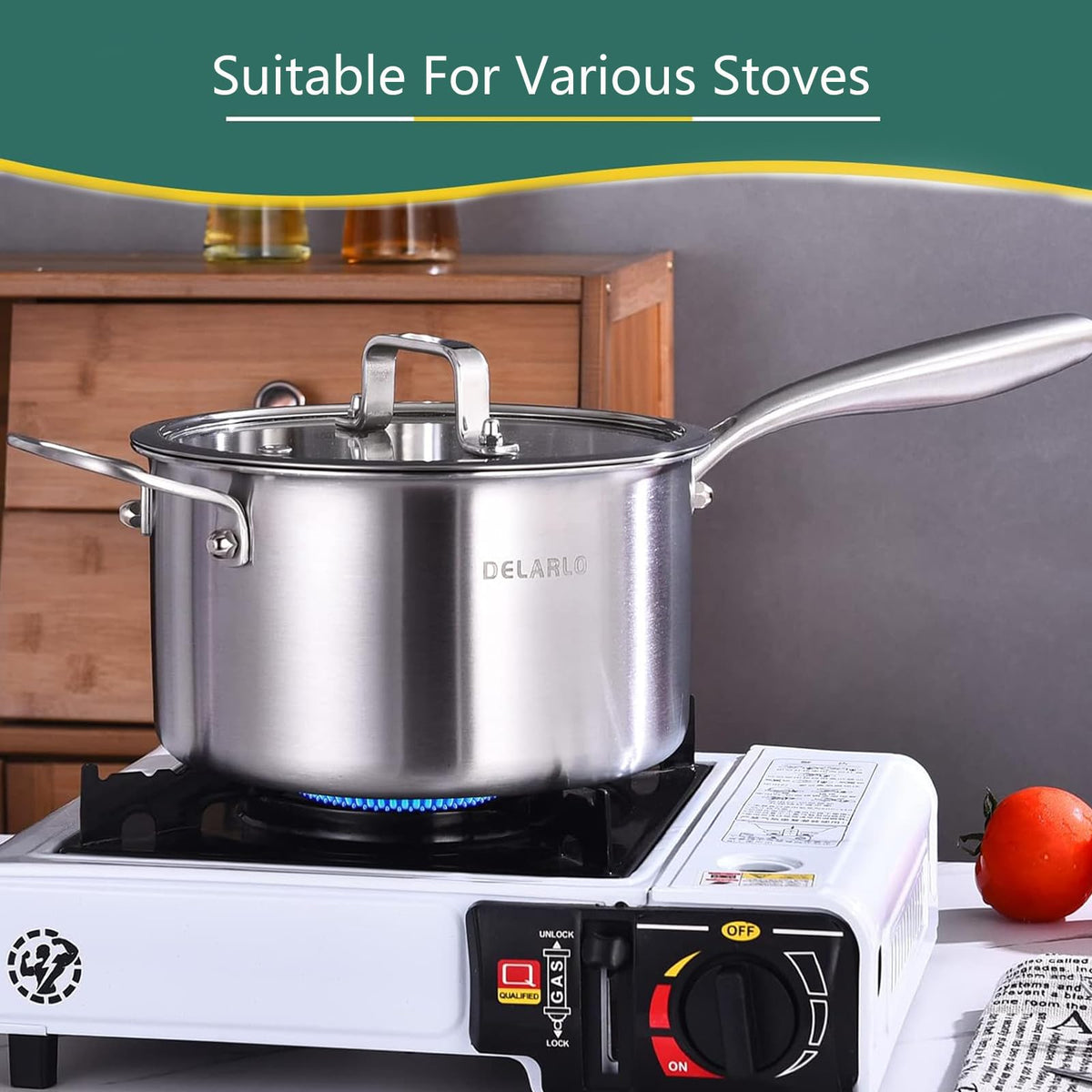 DELARLO Tri-Ply Stainless Steel Saucepan, 3.5 QT Saucepan with Lid, All Stove Compatible 500℉, Induction Sauce Pot, Heavy Duty Saucier Pot, Dishwasher Safe Saucepan, Induction Pot 3.5 Quart, Even Heat