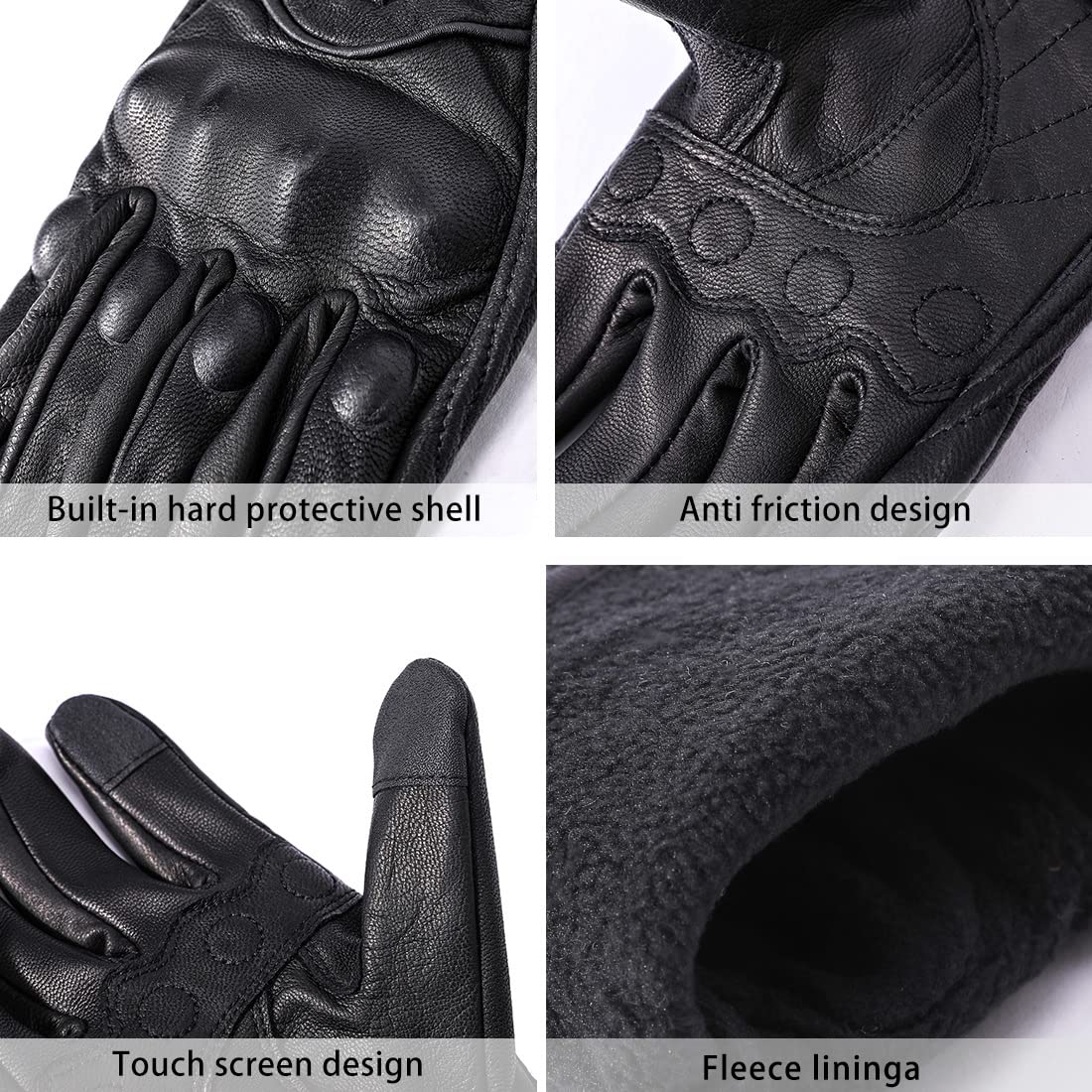 Harssidanzar Mens Winter Warm GoatSkin Leather TouchScreen Motorcycle Gloves GM041CA, Black (Fleece Lined), Size M