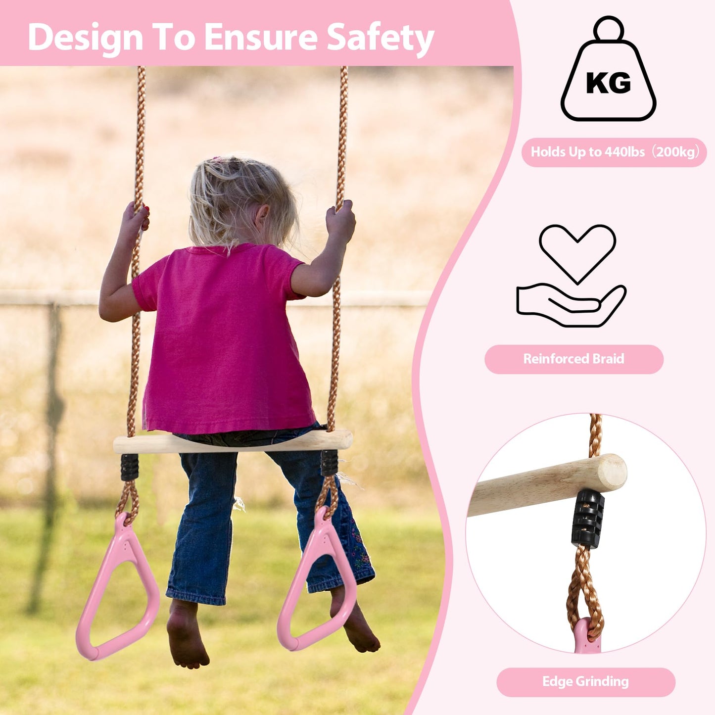 RedSwing Trapeze Swing Bar Rings, Trapeze Bar for Kids with Adjustable Rope, Locking Straps, Outdoor Swing Set Playground Accessories, Pink