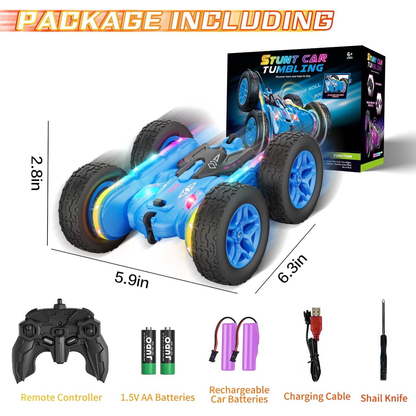 Terucle Remote Control Car, Rc Cars Stunt Car Toys New Upgraded Strip Lights and Headlights Car Toys Double-Sided 360° Rotating 4WD Rc Drift Truck for Boys Girls Birthday Gift (Blue)