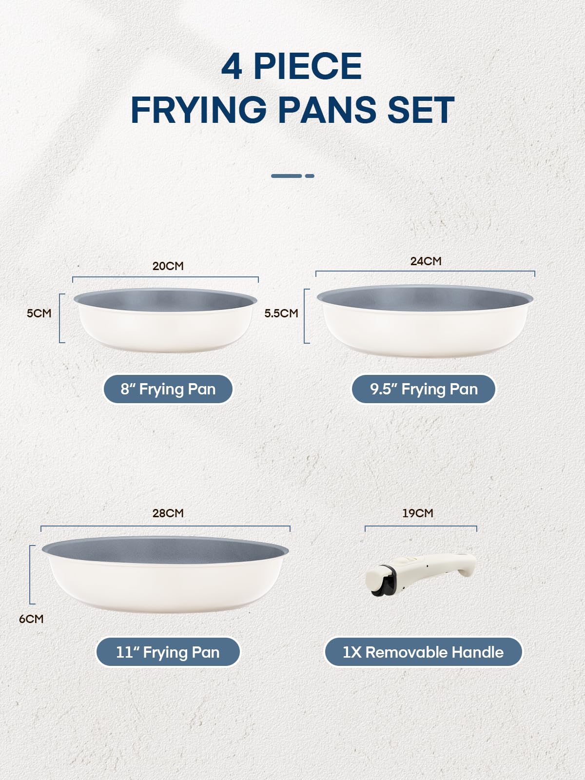 FOHERE Nonstick Frying Pan Set with Detachable Handle, Non Toxic Diamond Ceramic Frying Pans, Dishwasher & Oven Safe Skillets, 3PCS Cookware Set 8 9.5 11 Inch (Gray)