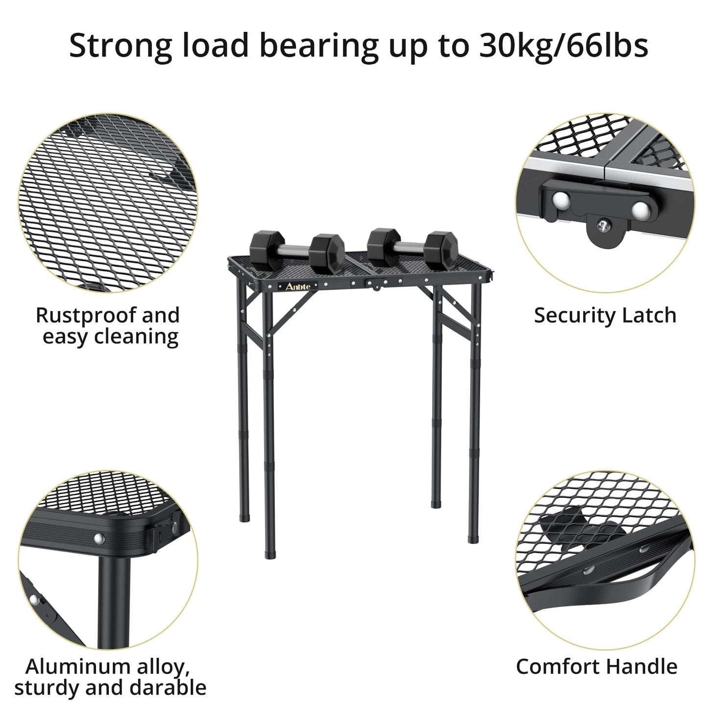 Anbte Folding Grill Table, Aluminum Camping Table Adjustable Height Max 27.5" Picnic Table Small Outdoor Table, Lightweight, Portable Handle for Travel Cooking BBQ Picnic, 22.8" x 16", Black