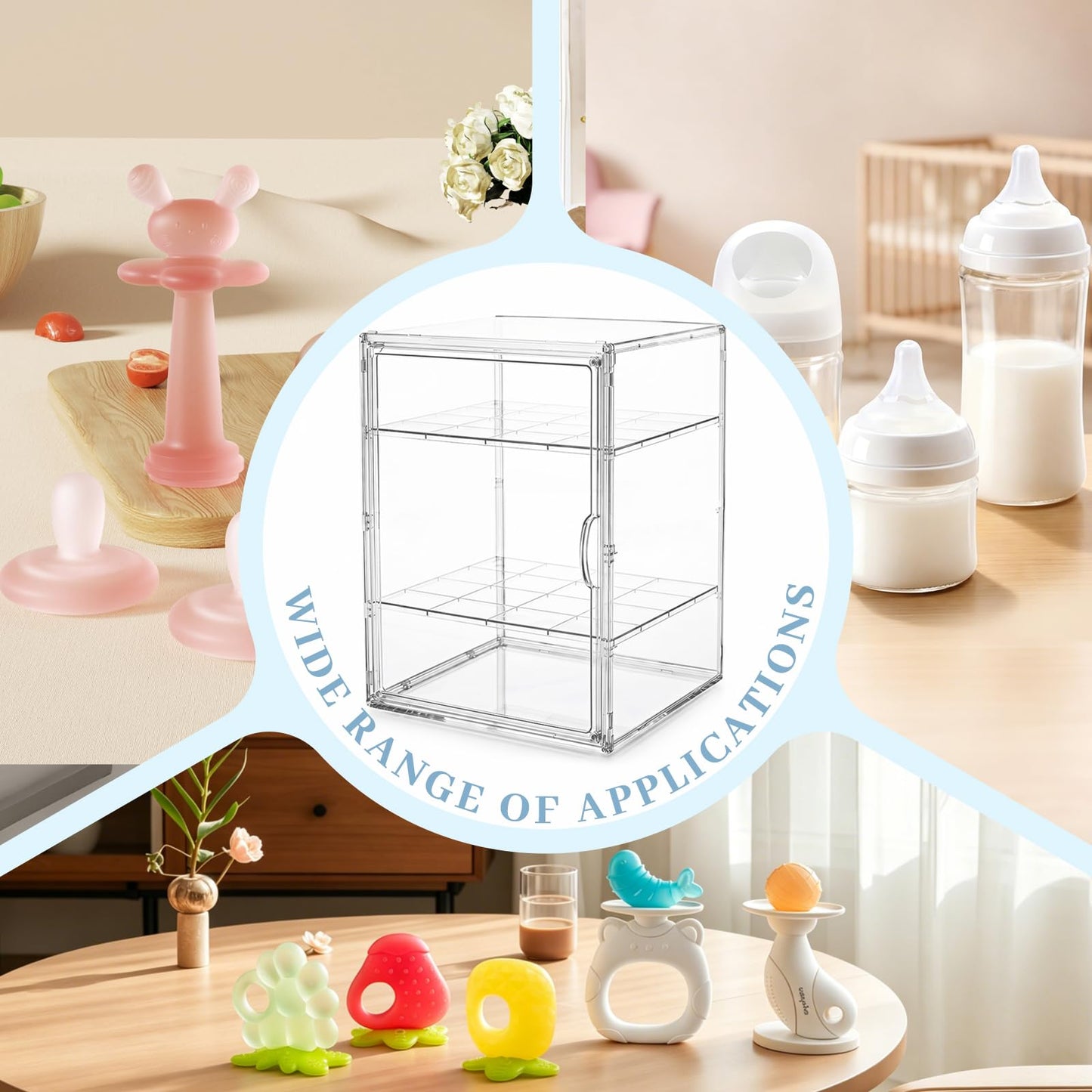 Zebrater Baby Bottle Organizer, 3 Tier Bottle Storage Organizer Baby, Adjustable Clear Acrylic Bottles Storage Station with Magnetic Door and Hook for Pacifiers Pump Parts, Makeup & Bathroom Organizer