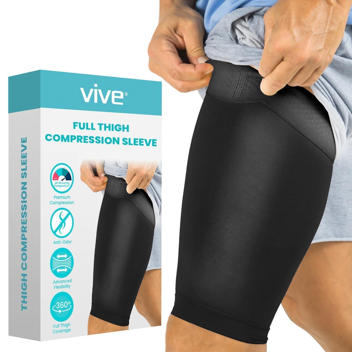 Vive Thigh Compression Sleeve - Upper Leg Wrap Recovery And Protection - Groin Quad Muscle Support - Stretcher Brace Hamstring Injury For Pain Relief And Recovery - Stretch Ideal For Women And Men,