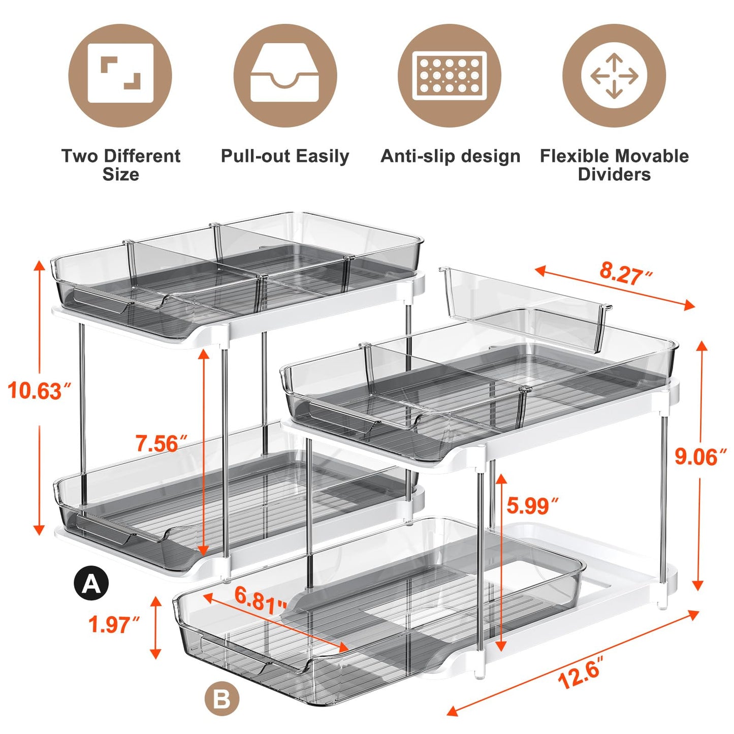 Delamu 2-Tier Multi-Purpose Bathroom Under Sink Organizers and Storage, Stackable Kitchen Pantry Organization, Pull Out Medicine Cabinet Organizer with Movable Dividers, Grey, 2 Pack
