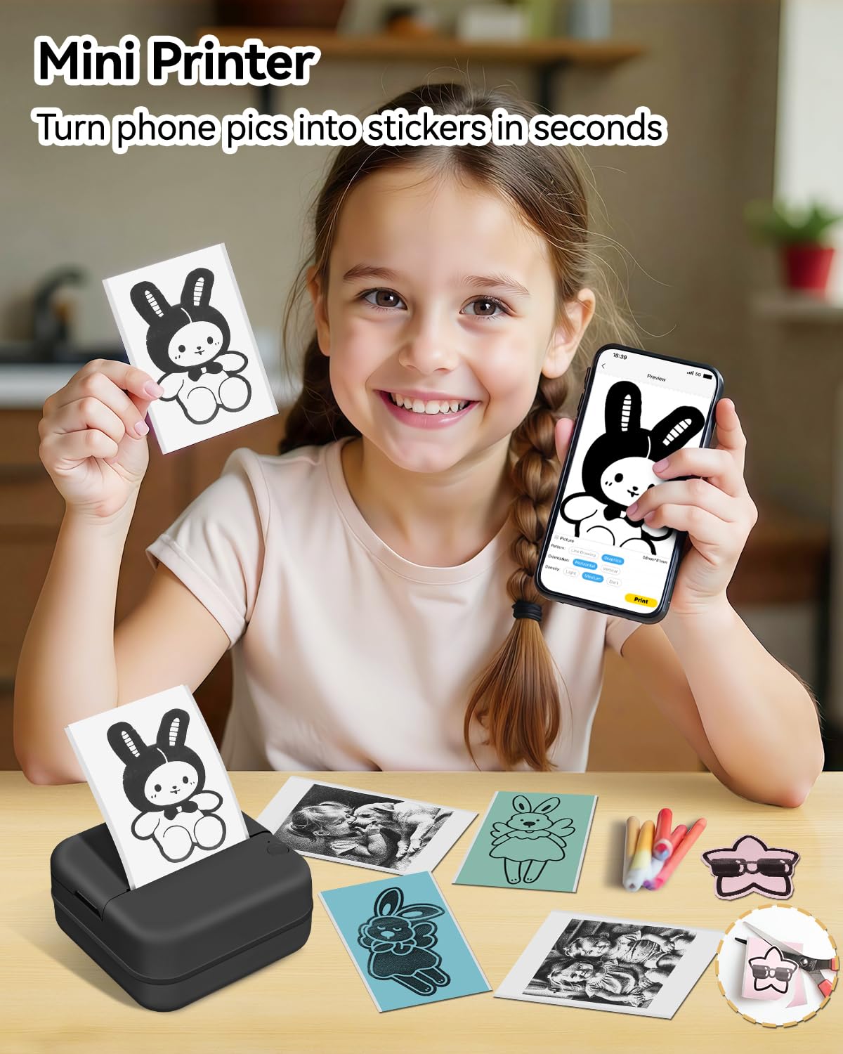 Aptika Sticker Printer - Print Pod 2.0 Mini Printer with 14 Rolls Sticky Paper, Thermarote Portable Sticker Maker Machine, Thermal Label Maker, Thermanote Labeller for Photos Notes Graphics, Black
