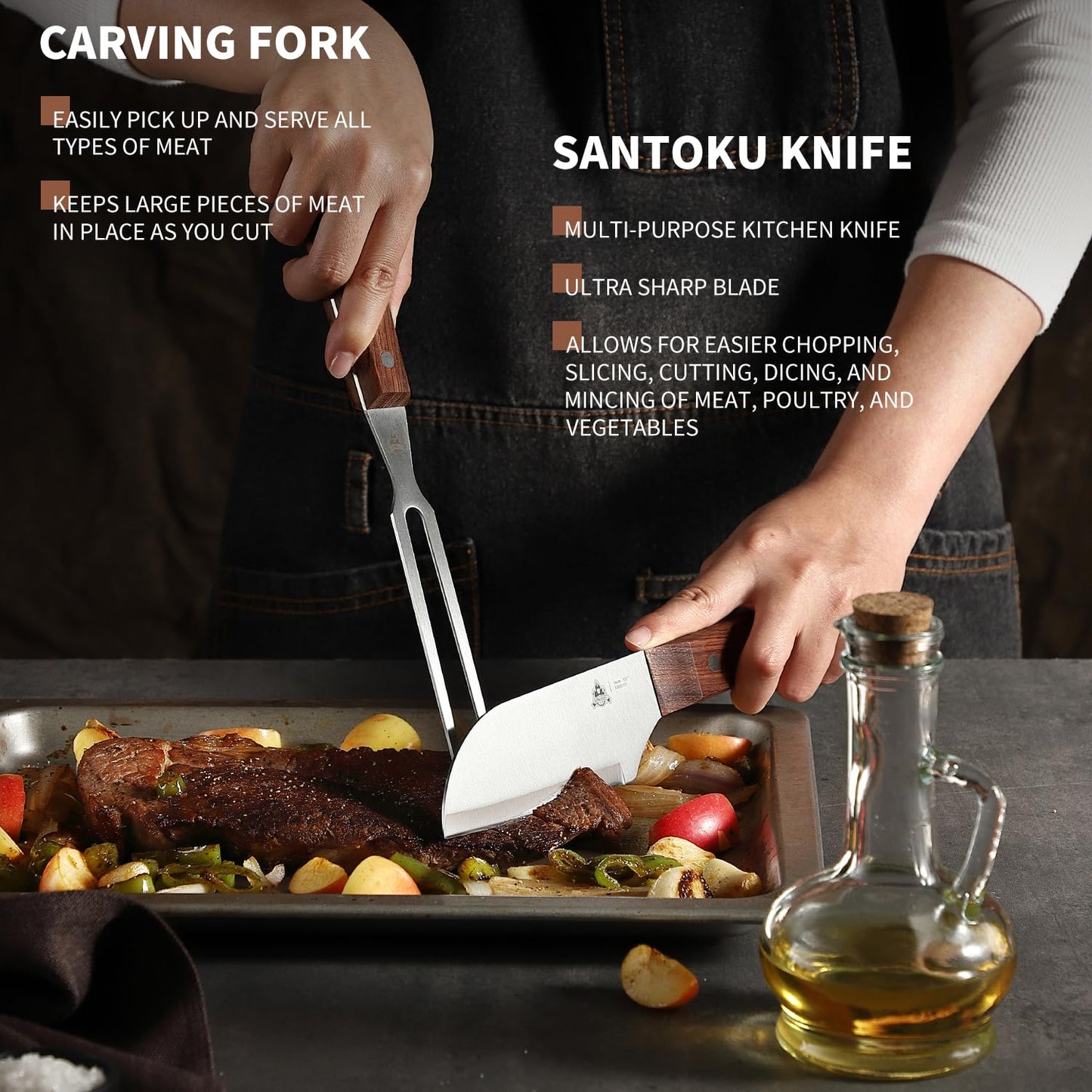 GRILLGEN Griddle Accessories Kit – 6-Piece BBQ Grill Tool Set with Rosewood Handles, Spatulas, Scraper, Santoku Knife, Fork & Storage Bag, Stainless Steel Flat Top Griddle Tools for Outdoor Cooking