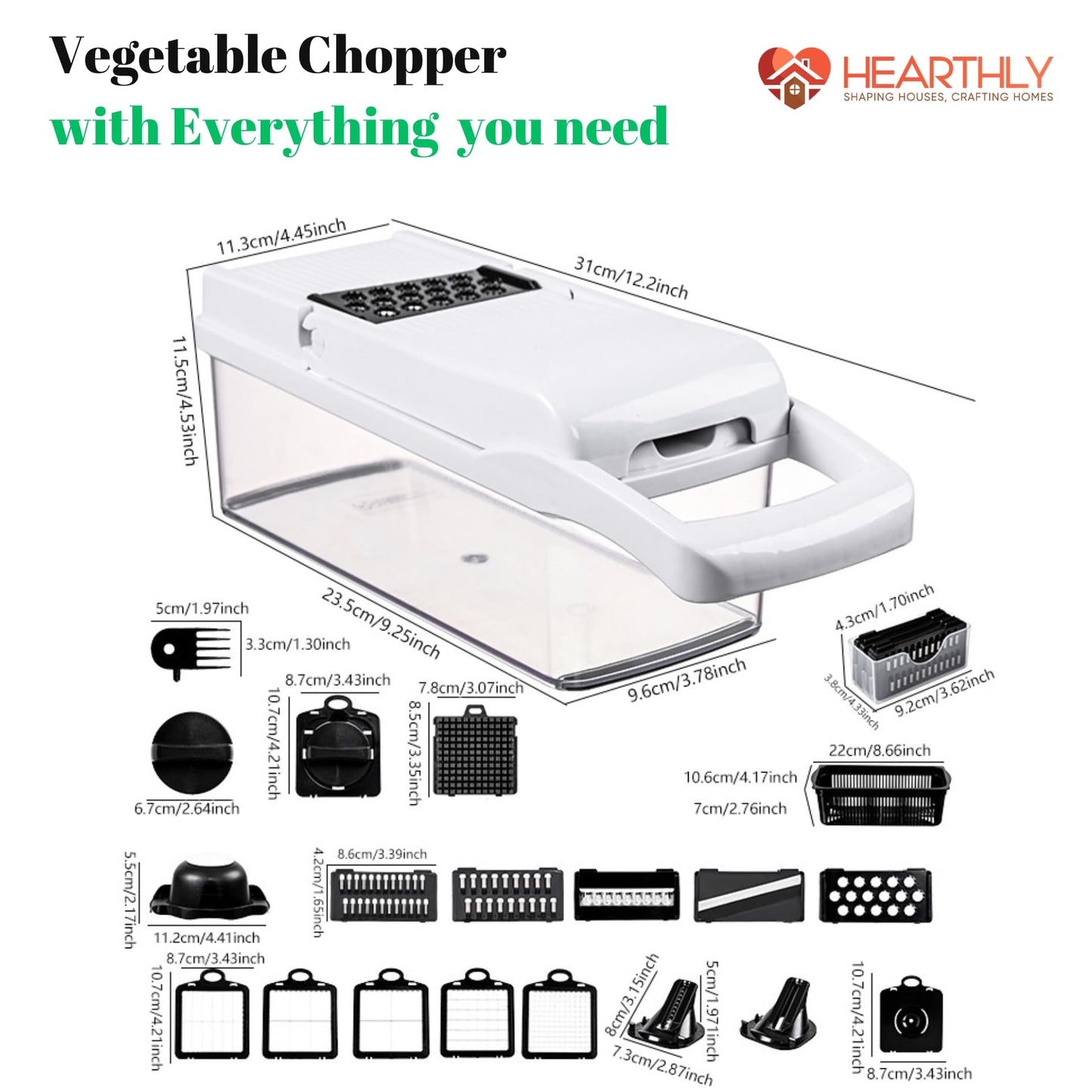 22-in-1 Safety-Locked Vegetable Chopper with 13 Stainless Blades - BPA-Free Vegetable Slicer & Onion Chopper – Meal Prep Veggie Chopper & Mandoline Slicer with Storage (White)