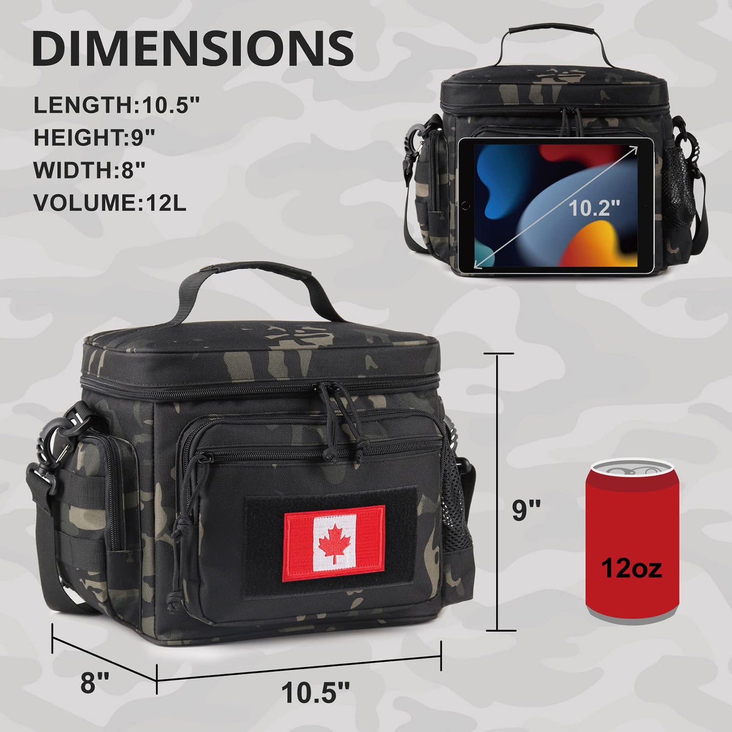 Lunch Box for Men, Tactical Lunch Bag MOLLE Webbing Leakproof Insulated Large Lunch Cooler Women Adult with Adjustable Shoulder Strap Lunch Pail for Work (Camo-Black)