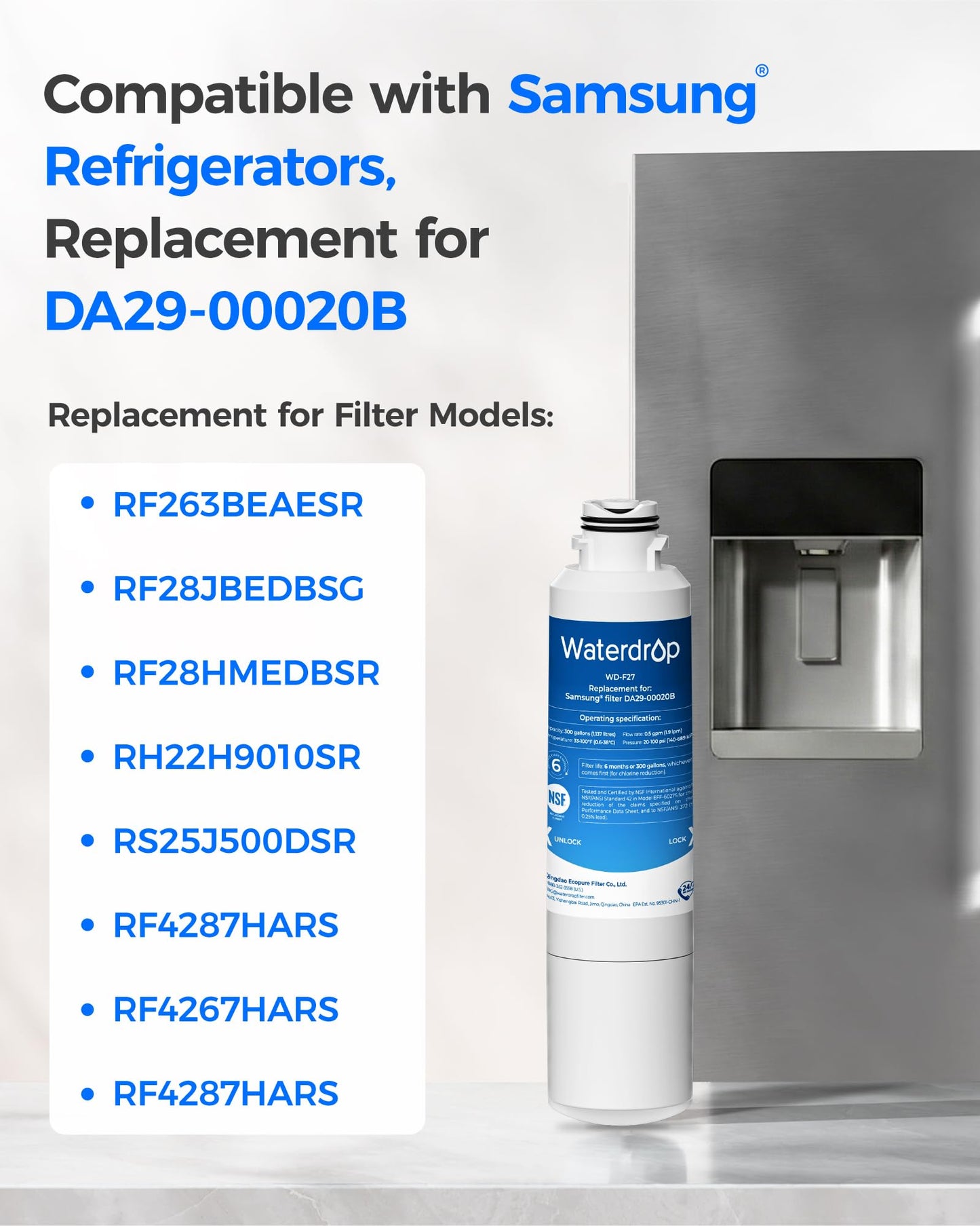 Waterdrop WD-F27 Replacement for Samsung® Refrigerator Water Filter HAF-CIN/EXP, DA29-00020B, HAF-CIN, RF28HMEDBSR, RF263BEAESR, RS25J500DSR, RF263TEAESG, HDX FMS-2, DA97-08006A-1, 3 Pack