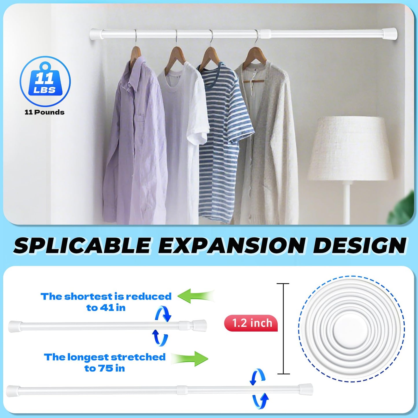 Caserry Shower Curtain Rods Pack of 2, 41-75 Inches Rust-Resistance Adjustable Spring No Drilling Tension Rods for Bathroom Kitchen Bedroom and Window, White