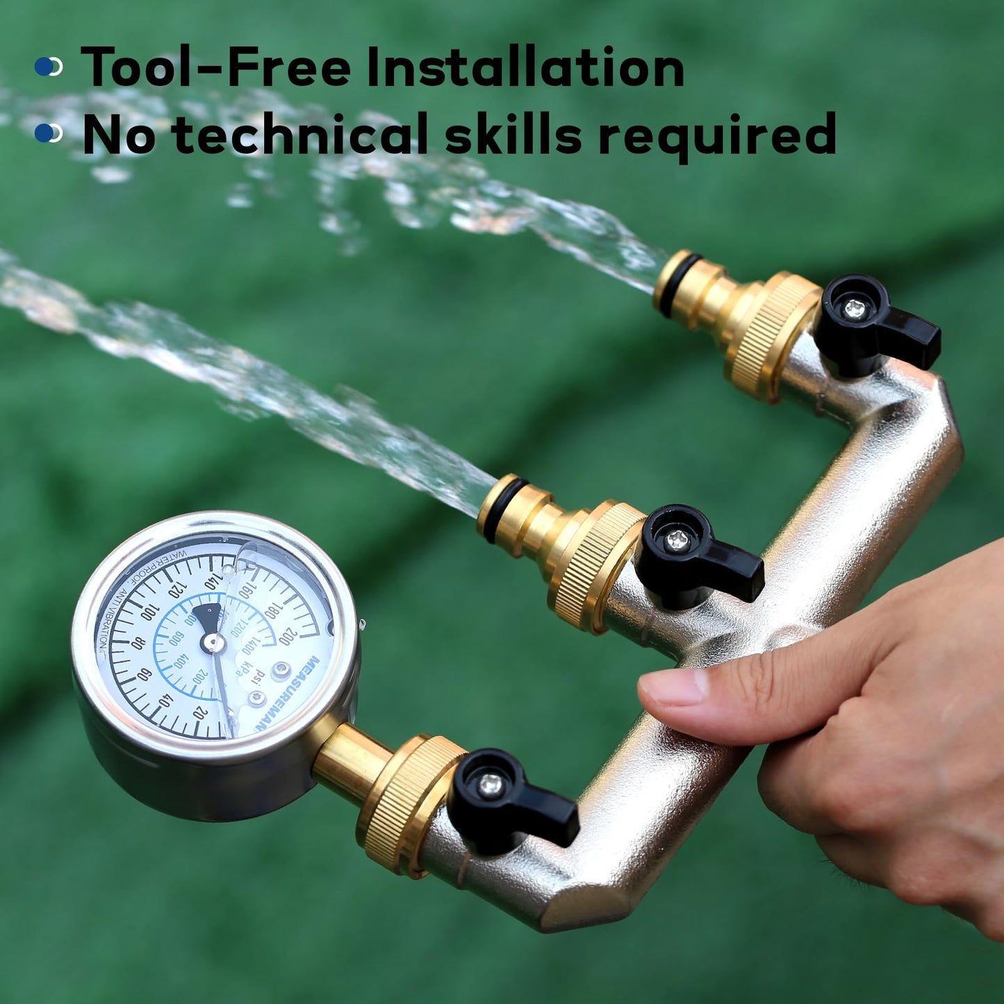 MEASUREMAN 3-Way Heavy Duty Brass Garden Hose Splitter Kit Leak-Proof Water Distributor with Shut-Off Valves 3/4" Faucet Connector for Garden, Lawn, RV & Irrigation