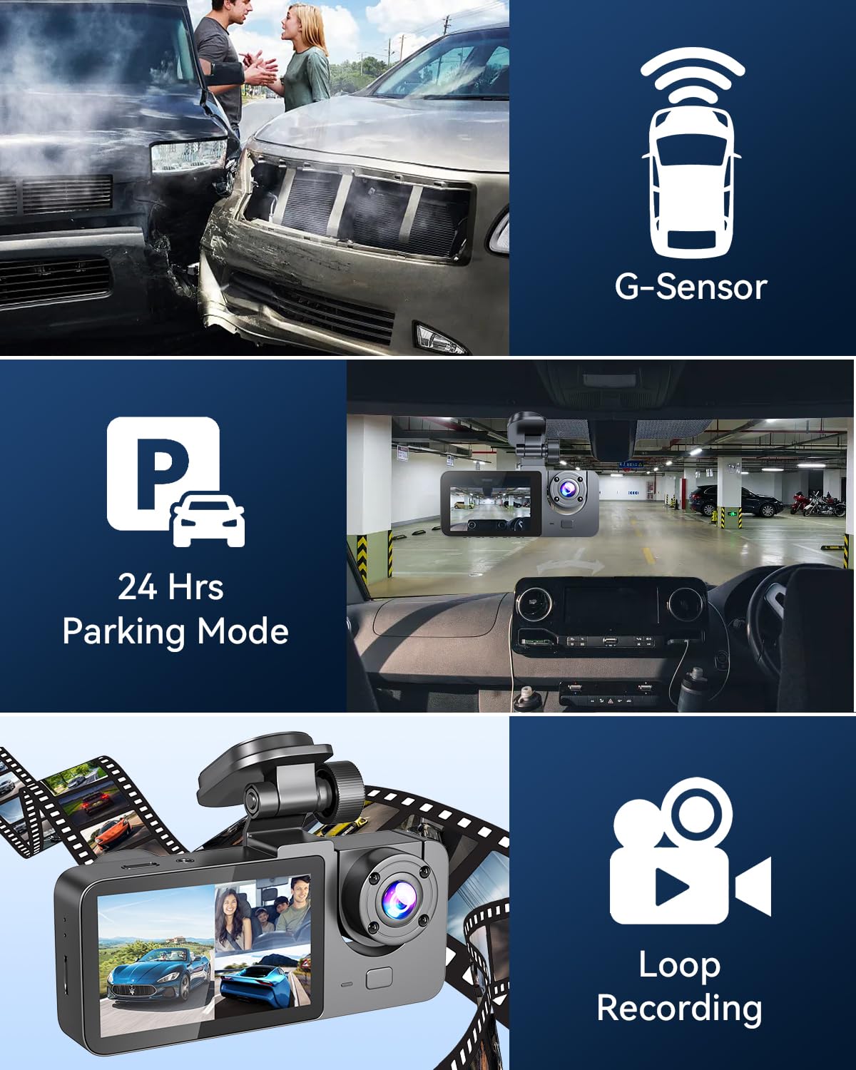Dash Cam Front and Rear Camera, 4K HD Dash Cam Included 32GB SD Card, Dashcams for Cars Inside 3 Channel, Night Vision, Loop Recording, G-Sensor, 24 Hours Parking Mode, 170°Wide Angle