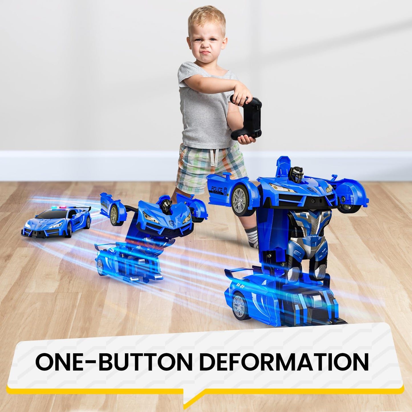 Tecnock Remote Control Car - Gesture Sensing, Transform Robot RC Cars for Kids, 2.4GHz One Button Transformation Robot Toy with LED Lights, Police Car Toy Gift for Age 8-12 Boys/Girls
