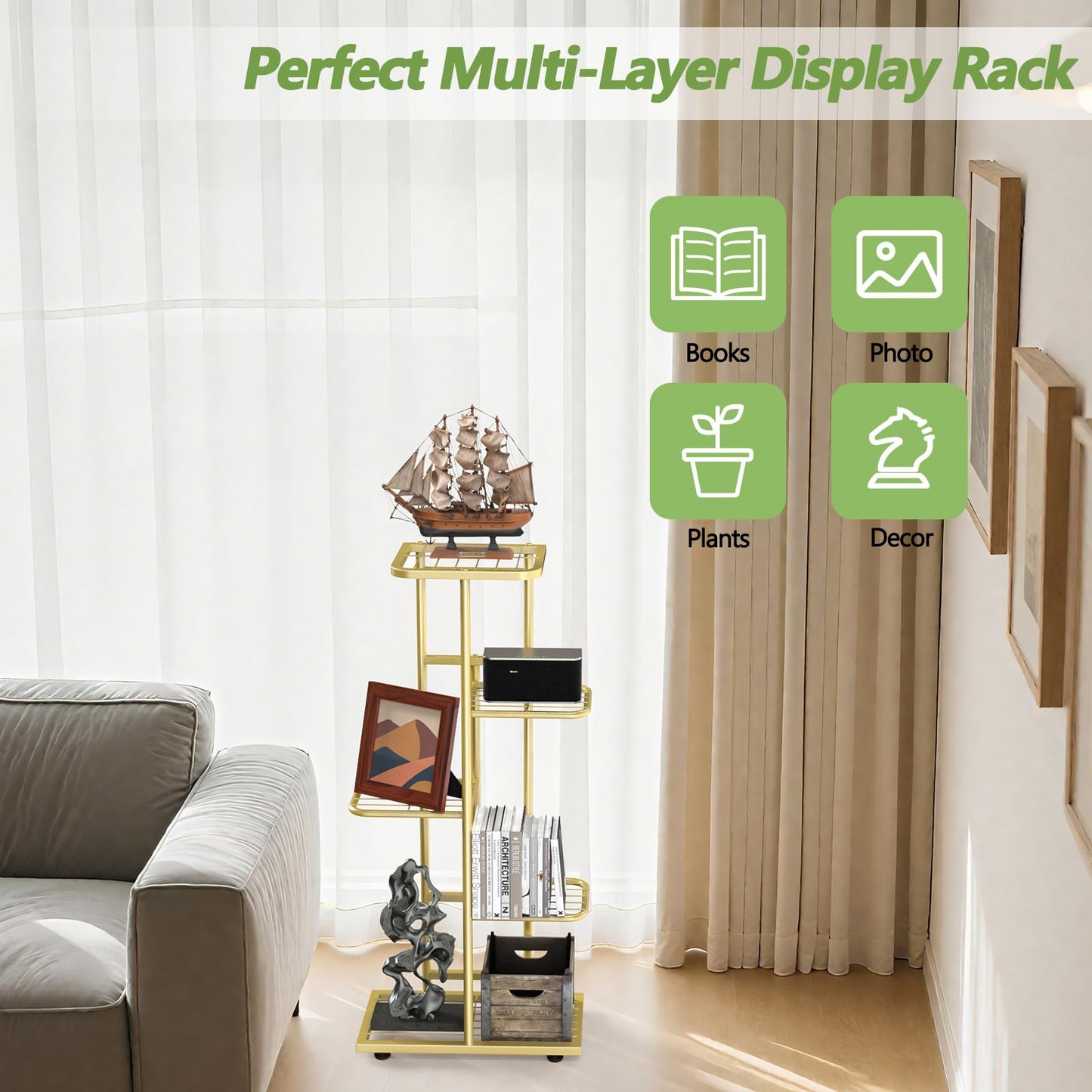 5 Tier 6 Potted Gold Plant Stand Indoor Outdoor, Upgraded Corner Metal Plant Rack Units Shelf for Multiple Plants, Flower Pot Holder Display for Patio, Balcony, Living Room