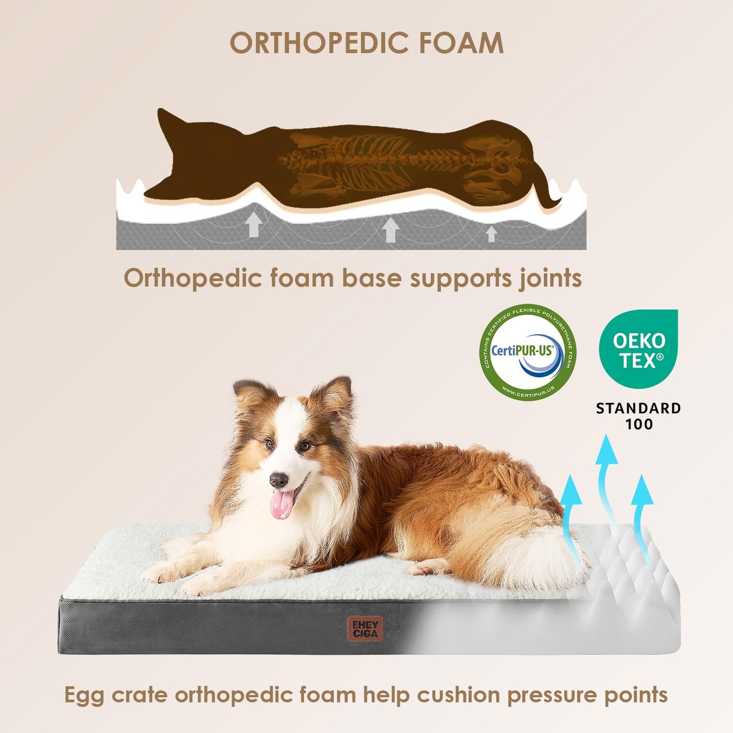 EHEYCIGA Dog Bed Large XL, Orthopedic XL Dog Beds for Extra Large Dogs, Washable Dog Mattress with Removable Cover and Non-slip Bottom, Pet Bed with Foam, Beige