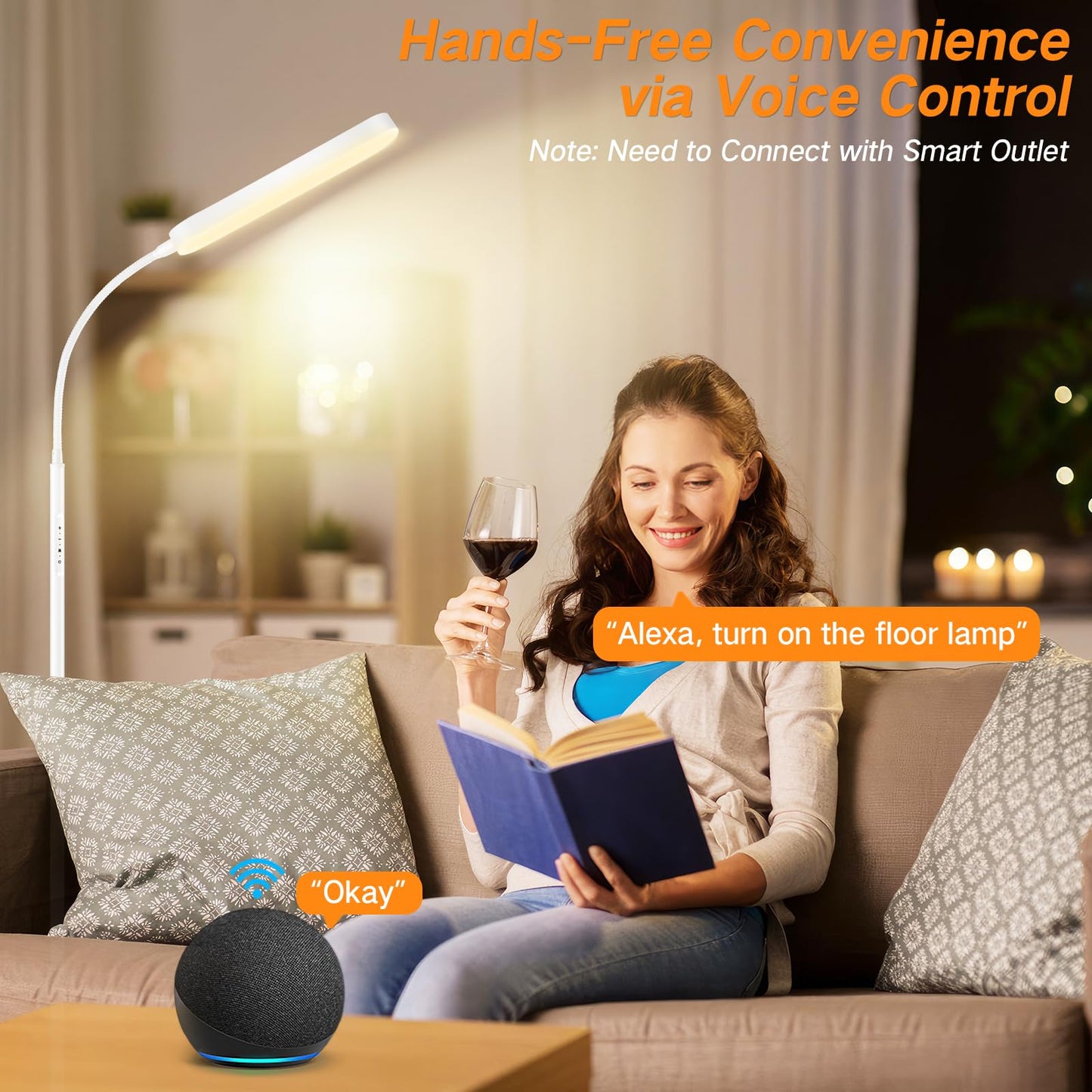 OUTON LED Floor Lamp 15W 1500LM, Dimmable Modern Standing Lamp with 4 Color Temperature, Remote & Touch Control, 1 Hour Timer, Adjustable Gooseneck for Reading Living Room Bedroom Office, White