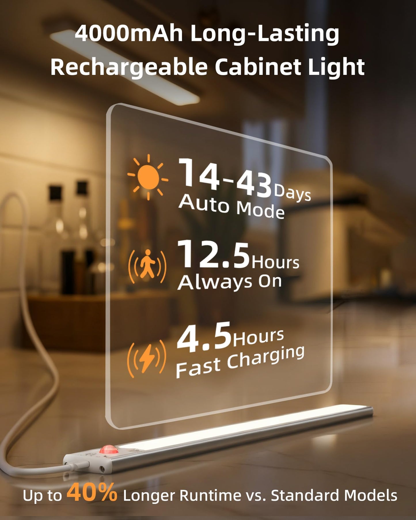 EZVALO Under Cabinet Lighting, 4000mAh Rechargeable Motion Sensor Light Indoor, Dimmable Magnetic Closet Lights with 3 Color Temps, Wireless Under Counter Lights for Kitchen, Stairs (2 Pack-14.5inch)