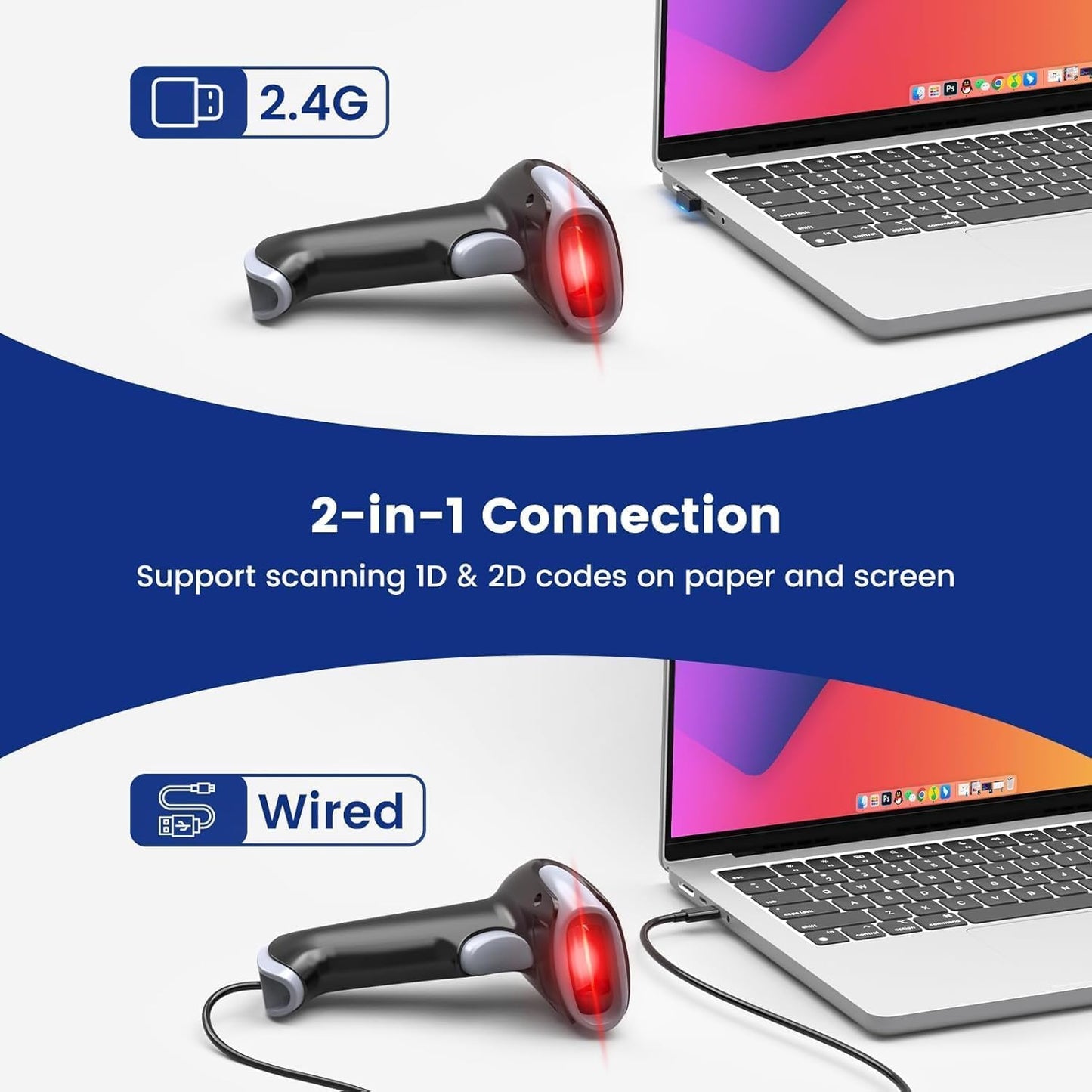 Eyoyo Handheld 2D Wireless Barcode Scanner, USB Wired & Cordless 1D QR Code Reader, Compatible with Computer, Laptop, POS Fast Screen & Printed Bar Code Scanner for Library, Retail Store, Warehouse