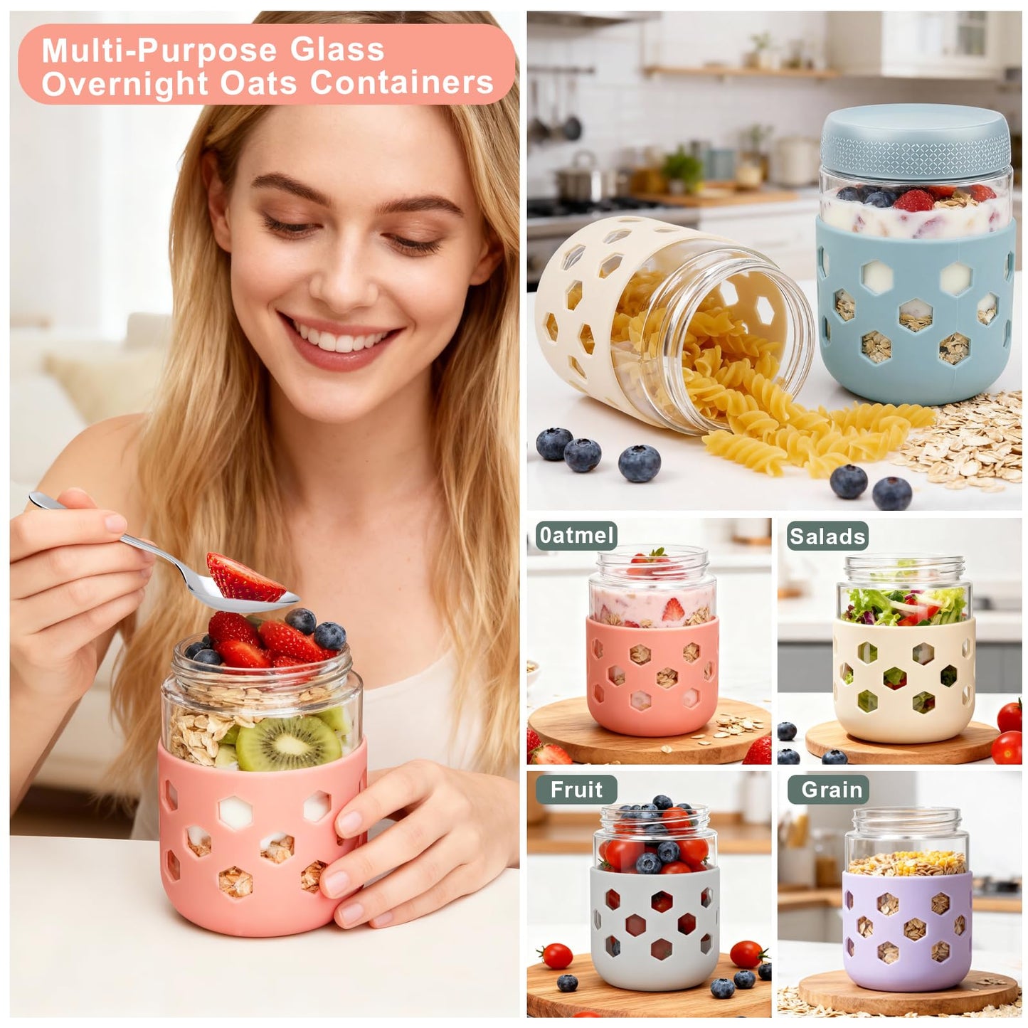 Overnight Oats Jar with Silicone Sleeves,6-Pack 16OZ Glass Jar,Airtight BPA-Free Overnight Oats Containers with Lids, Mason jars Meal Prep Jars for Chia Pudding, Yogurt, Snacks,Leak-Proof(500 ml)