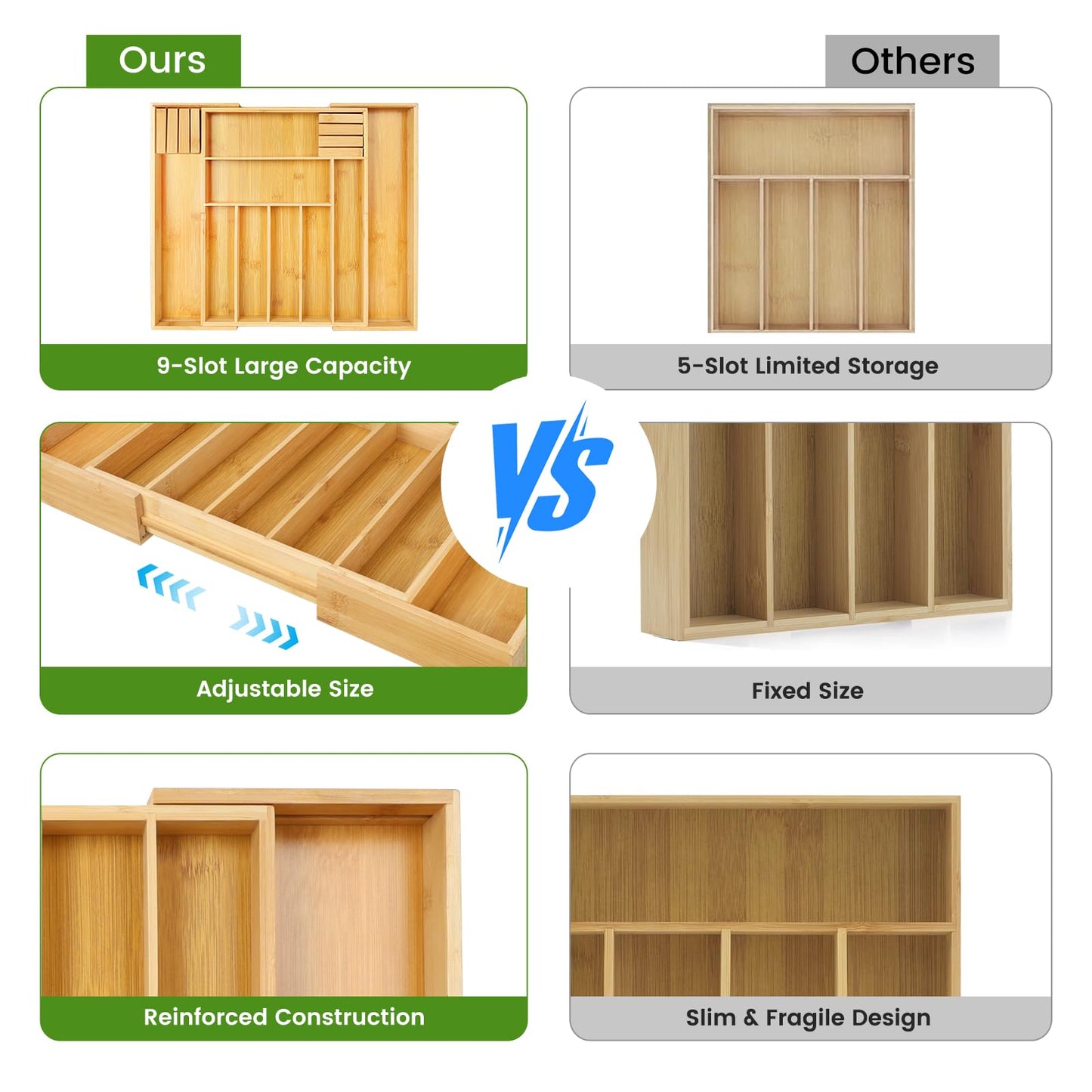 Expandable Cutlery Organizer, 7-9 Slot Bamboo Utensil Drawer Organizer with 2 Removable Knife Blocks, Adjustable Wooden Cutlery Tray Holder Kitchen Drawer Organizer for Silverware, Flatware
