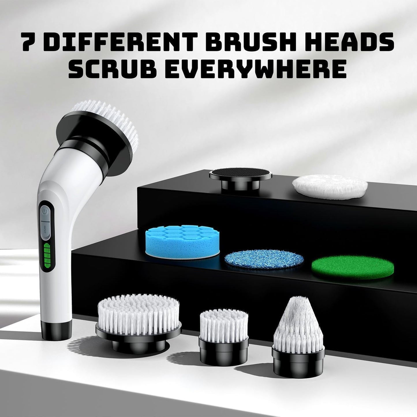Electric Spin Scrubber for Bathroom: Shower Scrubber with Long Handle, Dual Speed Cordless Power Cleaning Scrub, 7 Brush Heads, IPX7 Waterproof Heavy Duty Cleaner Tools for Tub Tile Grout Wall(White)