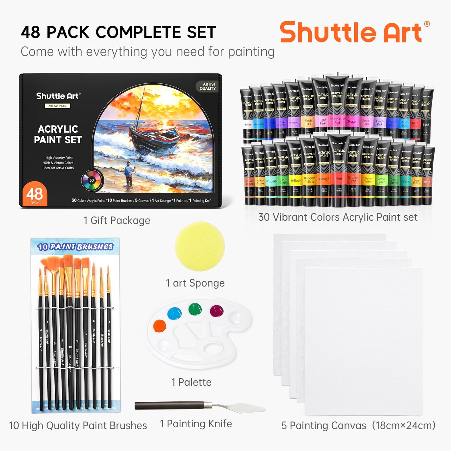 Shuttle Art 48 Pack Acrylic Paint Set, 30 Colors Acrylic Paint (36ml) with 10 Brushes 5 Canvas 1 Paint Knife 1 Palette 1 Sponge, Complete Set for Kids, Adults Painting on Canvas Rocks Wood Ceramic