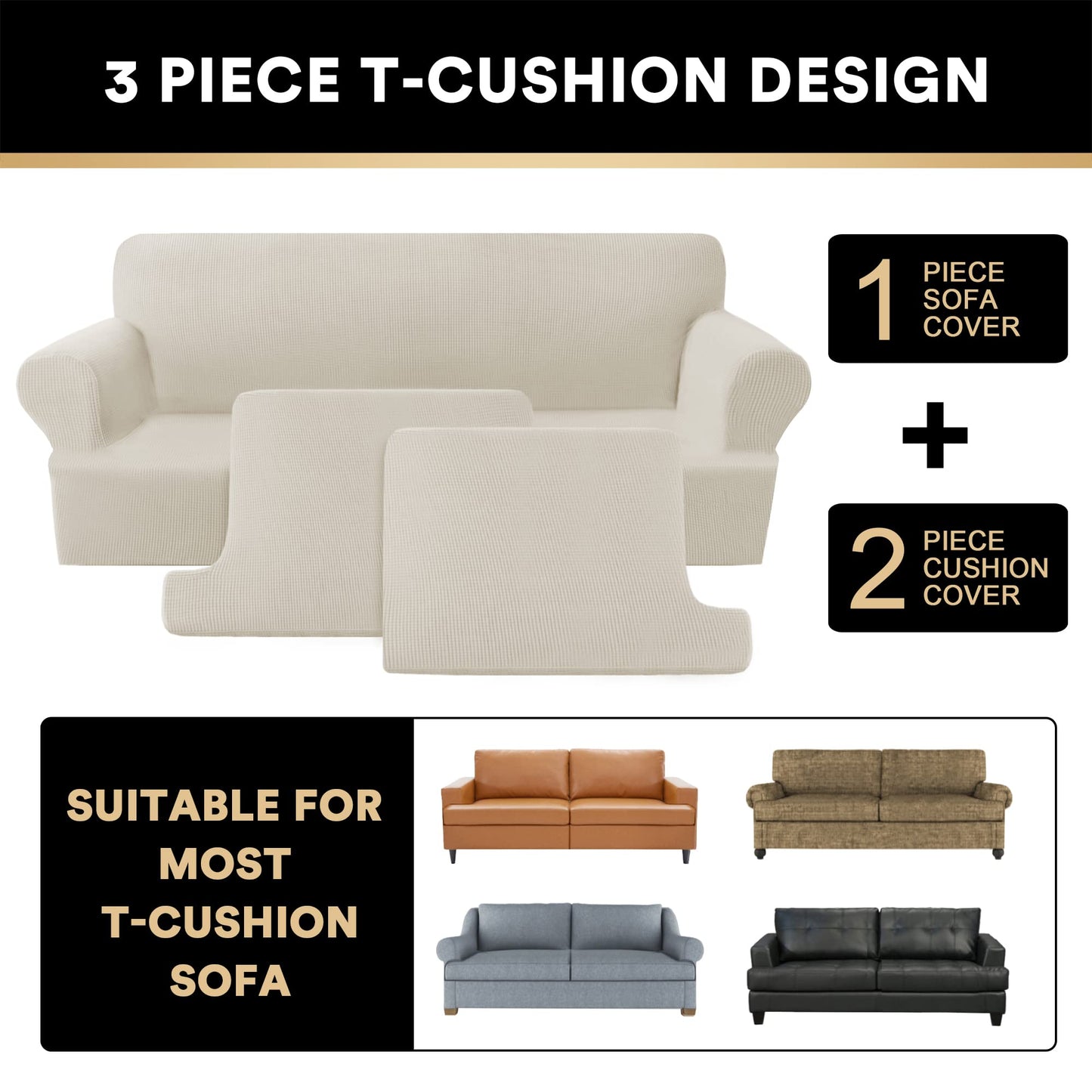 T Cushion Loveseat Slipcover 3 Pieces Sofa Covers for T Cushion Sofa Stretch Sofa Covers for 2 Cushion Couch with 2 Individual T Cushion Shape Seat Covers Machine Washable, Island Fossi