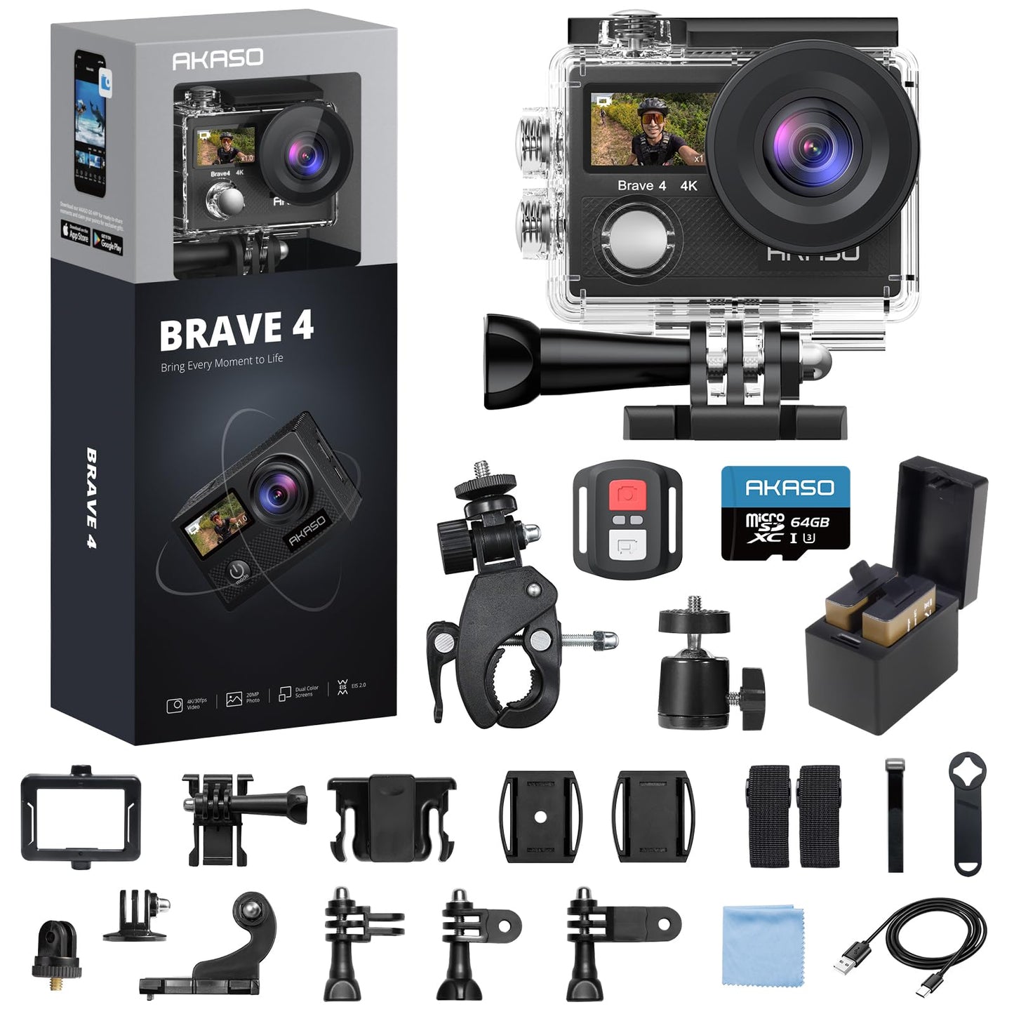 AKASO Brave 4 4K30fps Action Camera with 64GB MicroSDXC Memory Card Accessories Kit Bundle - 20MP Ultra HD Photo EIS 30m Waterproof Camera WiFi Remote Control 5X Zoom Underwater Video Cameras