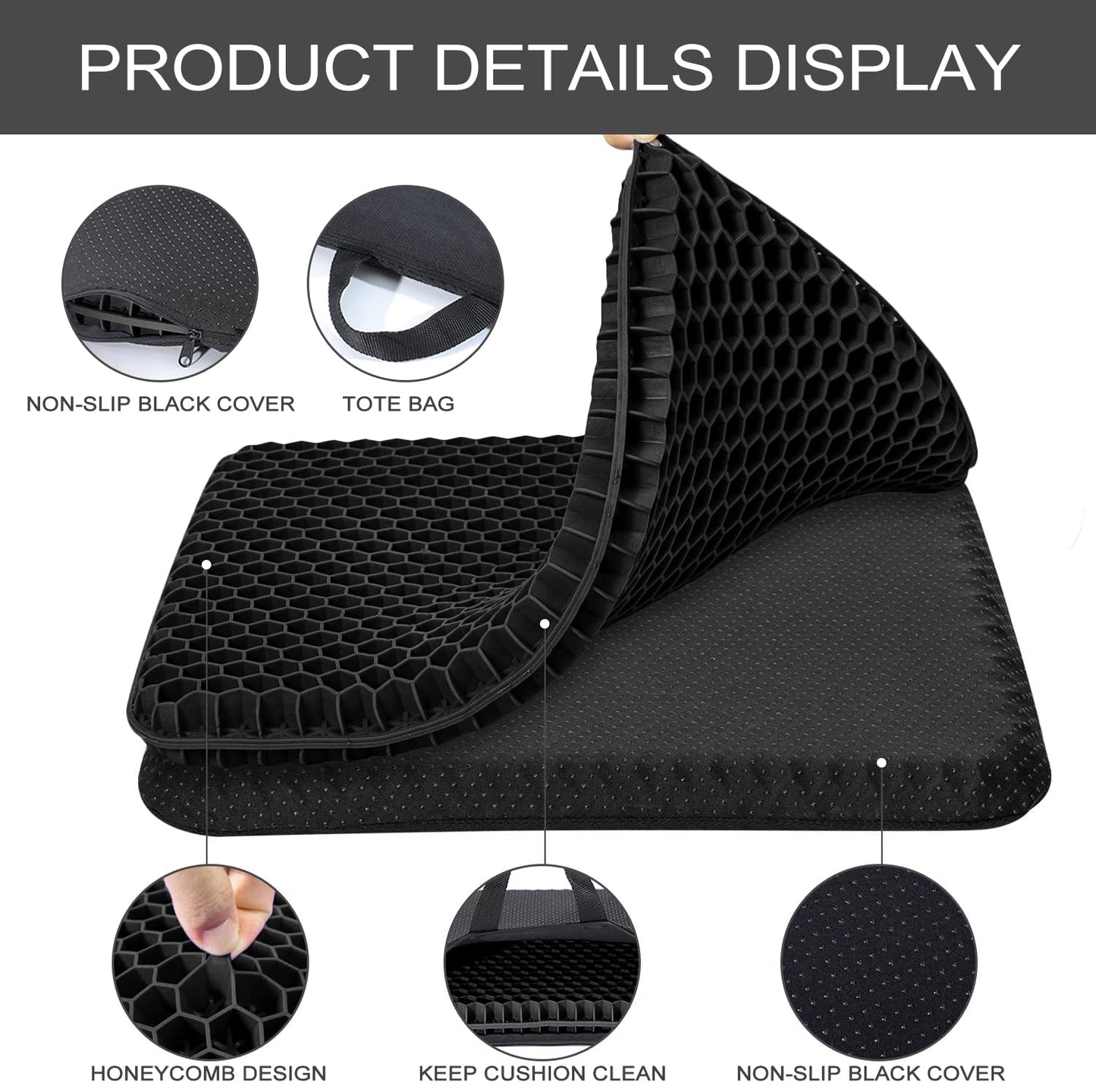 Gel Seat Cushion -for Long Sitting, Double Layer Breathable Honeycomb Chair Cushion with Non-Slip Cover for Ergonomic Support Pressure Cushion, for Office Chair, Cars, Long Trips，Durable,Portable