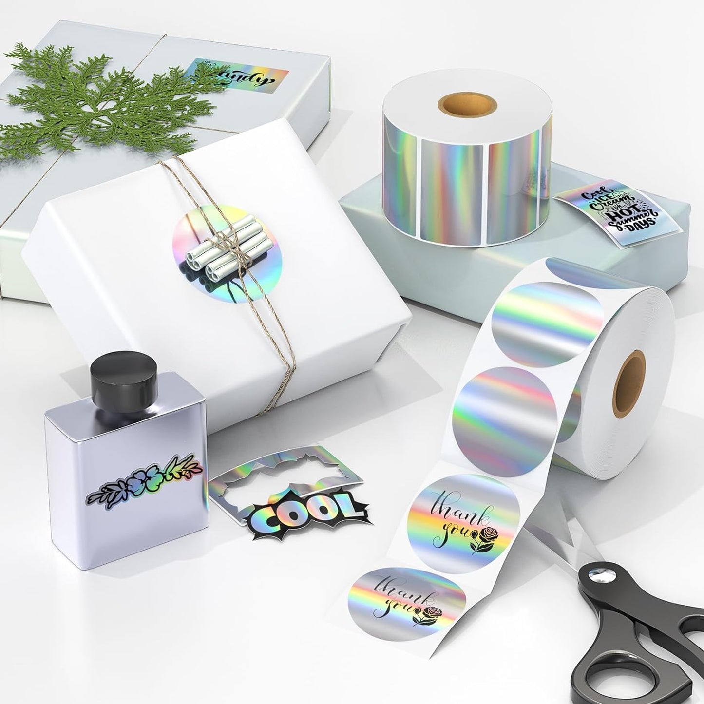 MUNBYN 2” Circle Holographic Thermal Label Stickers, Round Printable Rainbow Glitter Thermal Printer Sticker Labels for Christmas Gift Wrapping, Self-Adhesive Name Price Tag DIY Custom Logo Design