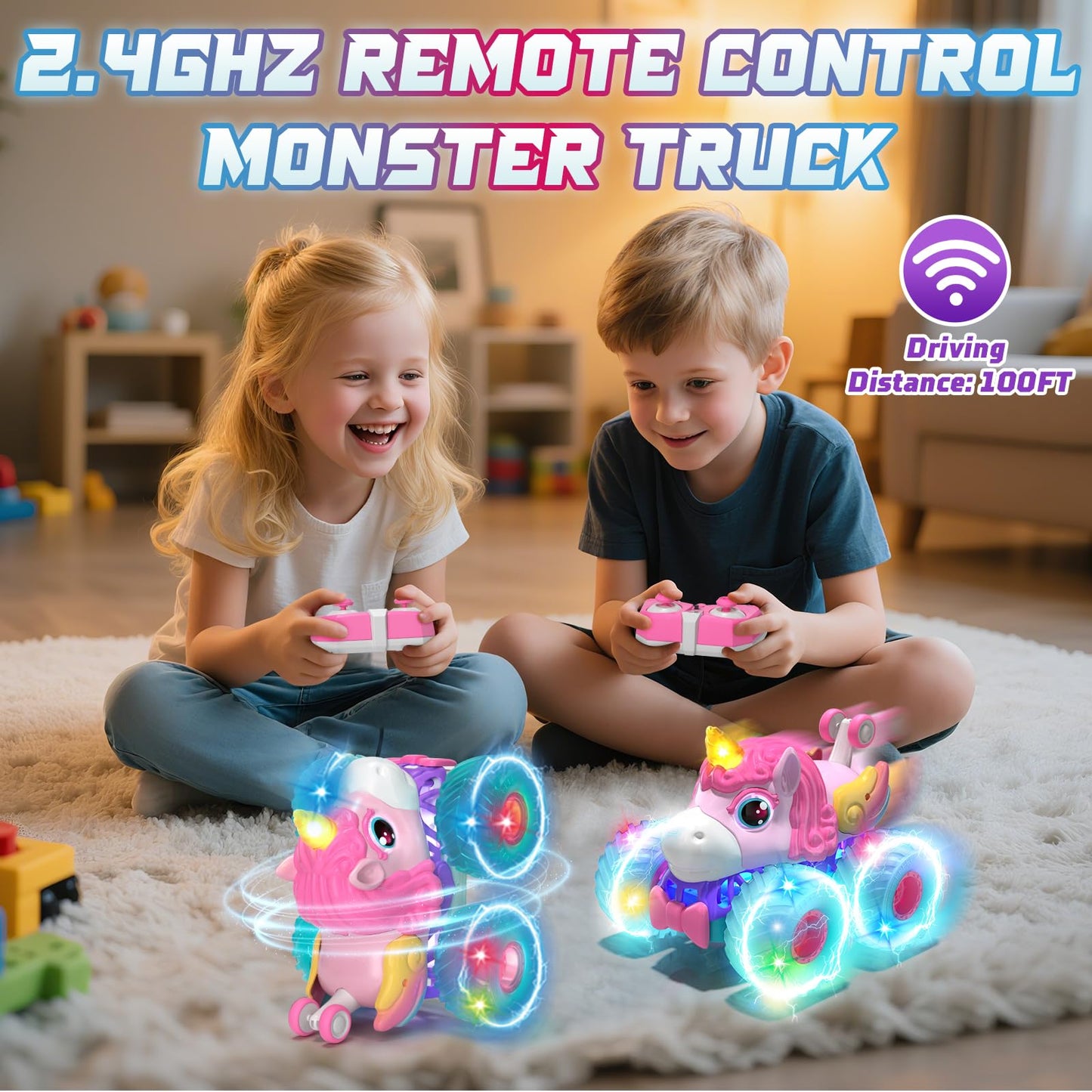 Lehoo Castle Remote Control Car for Girls 360° Rotating, Unicorn Monster Truck Toys with LED Lights, 4WD All Terrain RC Stunt Car Rechargeable, 2.4GHz RC Truck for 3 4 5 6 7 8 Girls Birthday Gift