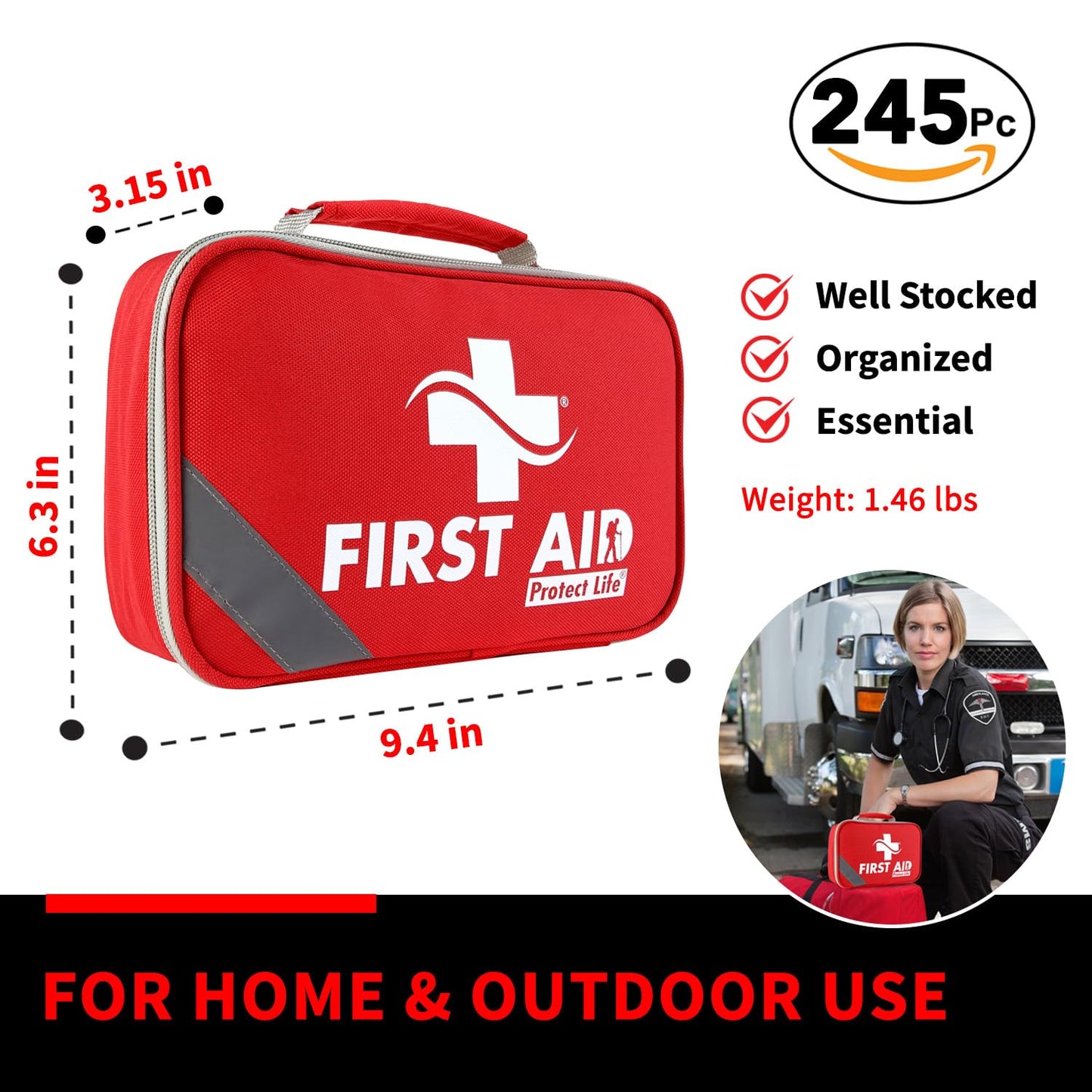 Protect Life First Aid Kit for Home & Businesses | HSA/FSA Eligible Kits for Emergency, Hiking, Camping | Small Travel First Aid Kit for Car | Travel Survival Medical kits (245 Pcs)