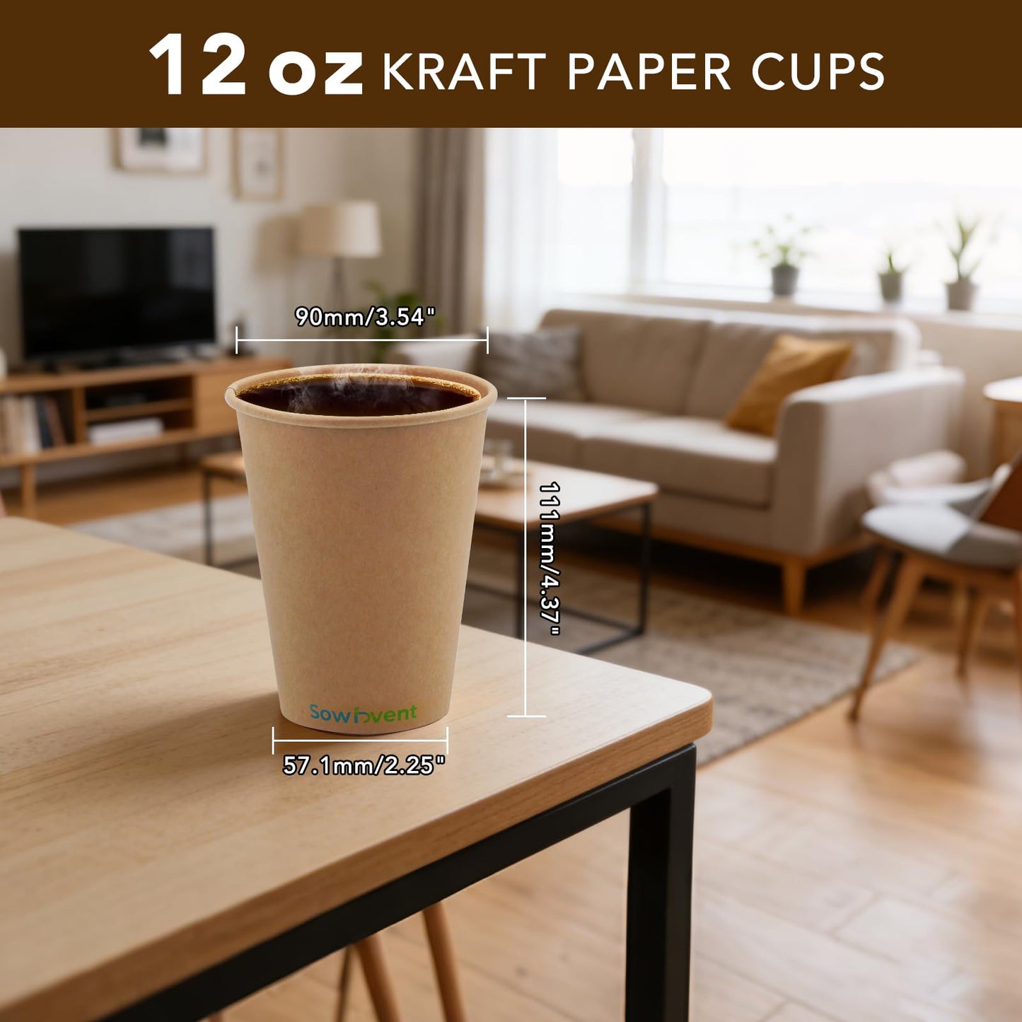Sowinvent 12 oz Kraft Paper Cups, Disposable Hot/Cold Paper Coffee Cups, Water Cups for Party Picnic and Daily Life, Office Party Home Travel, 300 pcs
