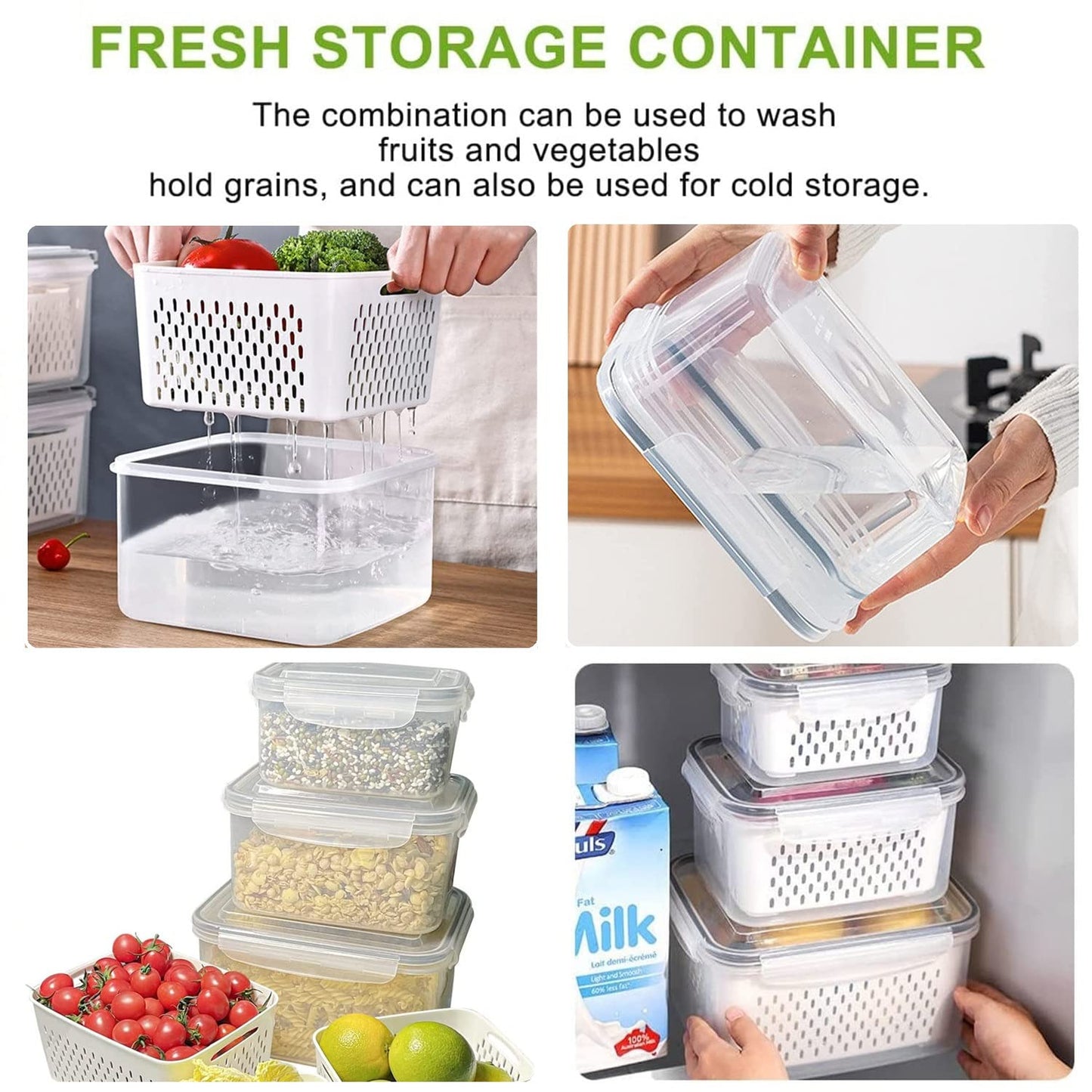 Fresh Food Storage Containers, 4 Pack Large Capacity Produce Saver Box with Drain Baskets & Lid for Vegetable and Fruit - BPA Free Stackable Refrigerator Organizer for Kitchen (0.8L+1.7L+3.15L+4.15L)