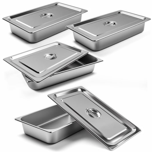 4 Pack Stainless Steel Hotel Pans 1/1 Full Size x 4" Deep Steam Table Pan 0.8 mm Thick with Lid Anti Jam Pan Stainless Steel Steamer Pan for Hotel Restaurant Buffet