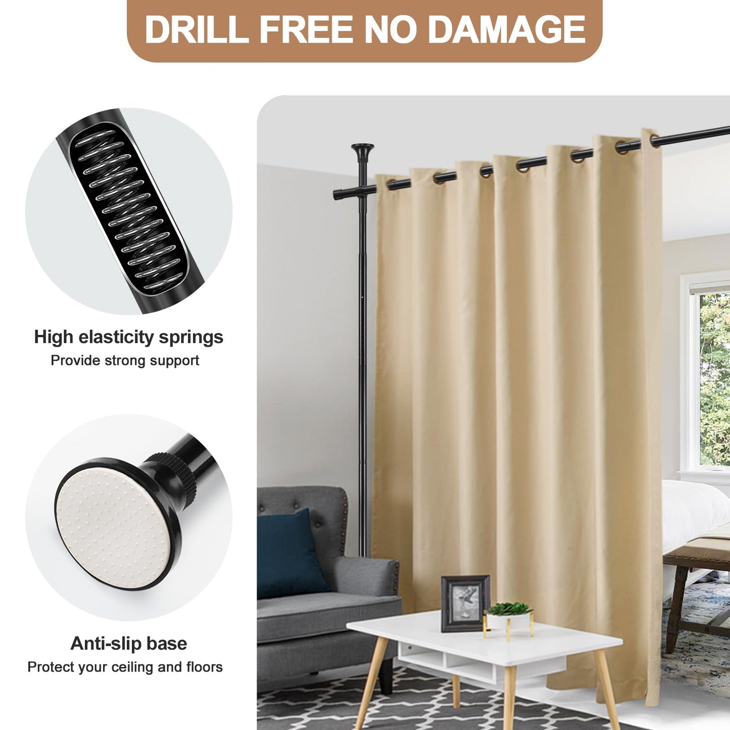 Room Divider Rod, Curtain Rod No Drilling Partition Room Dividers Tension Rod, 4-10ft (H) 48-72inch(W) Floor to Ceiling Room Black