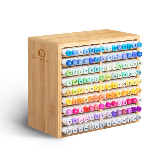 Ohuhu Bamboo Marker Organizer, Wooden Desktop Storage Hold 126 Markers, Pens, Pencils, Art Brushes Stationary Organizer Pencil Holder with 18 Compartments for Home, Classroom, Office Decor