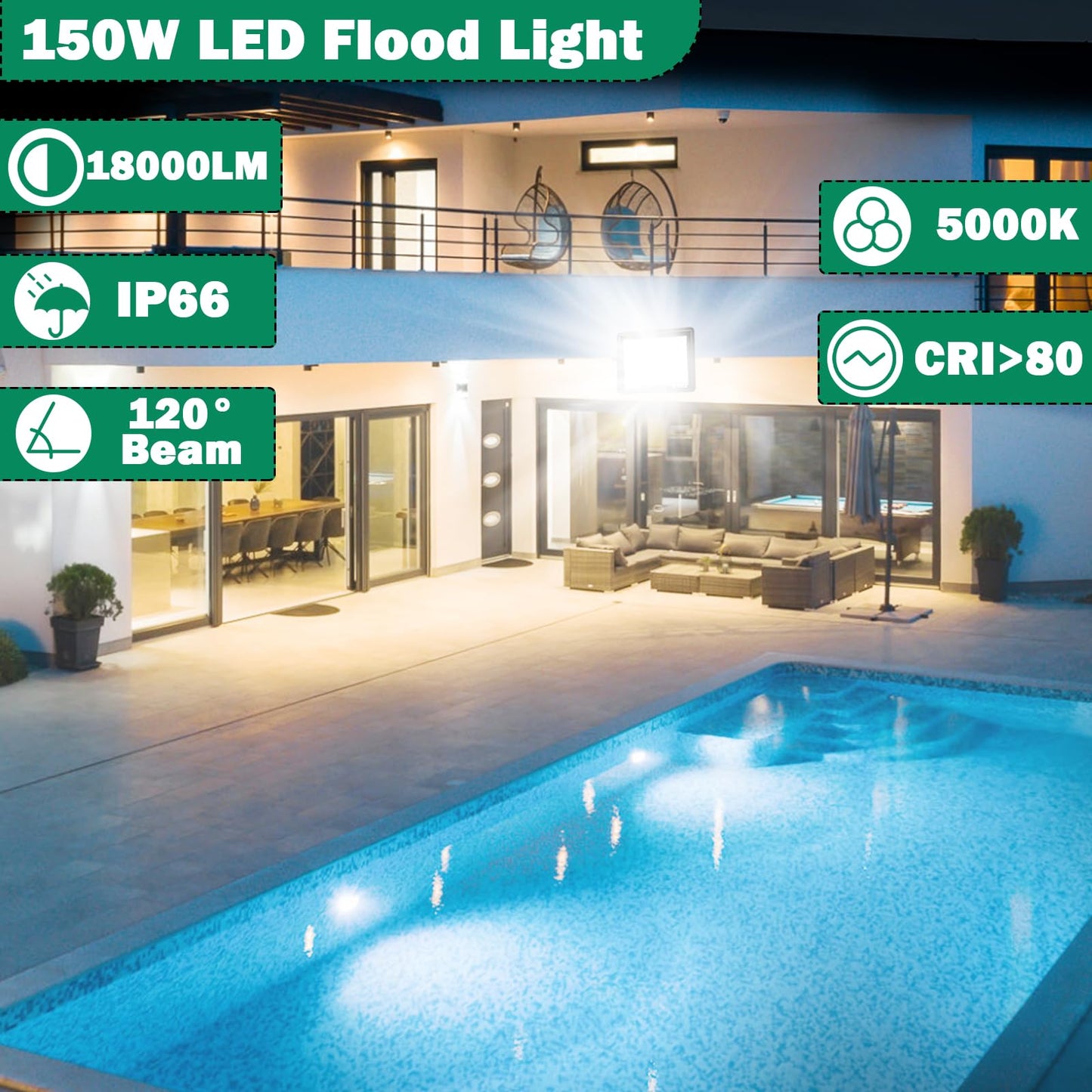 NEWREACH 150W LED Flood Light,18000LM Floodlight with Plug,IP66 Waterproof Outdoor Lights, 5000K Daylight White Security Lights,Outdoor Floodlights for Yard Stadium Garden（2 Pack）