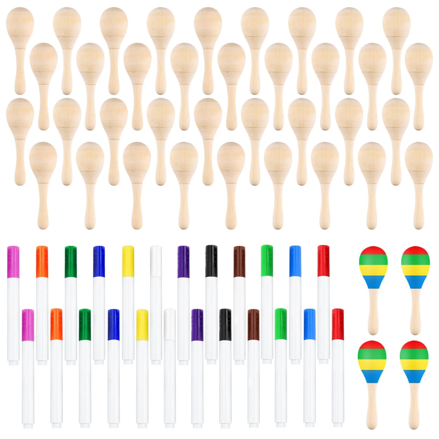 BOUBONI 40Pcs DIY Wooden Maracas for Kids, Mini Maracas for Mexican Fiesta Party Favors with 24Pcs Multicolor Pens, Cinco De Mayo Party Supplies