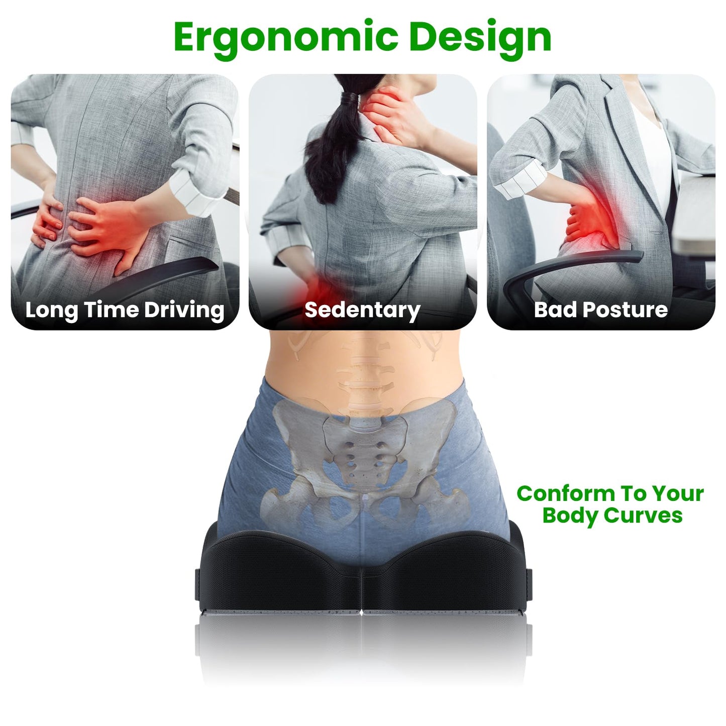 A-Pce Apce Foldable Travel Seat Cushion-with Built-in Handles，Memory Foam Cushions for Relief of Lower Back, Sciatic, Butt and Tailbone Pain-for Home & Office Use, Perfect for Travel or Driving-Black